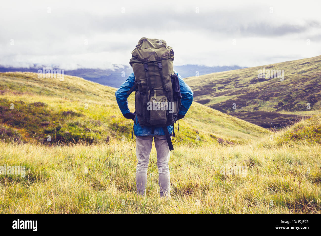 Wanderer stehen in Wildnis mit einem großen Rucksack Stockfoto