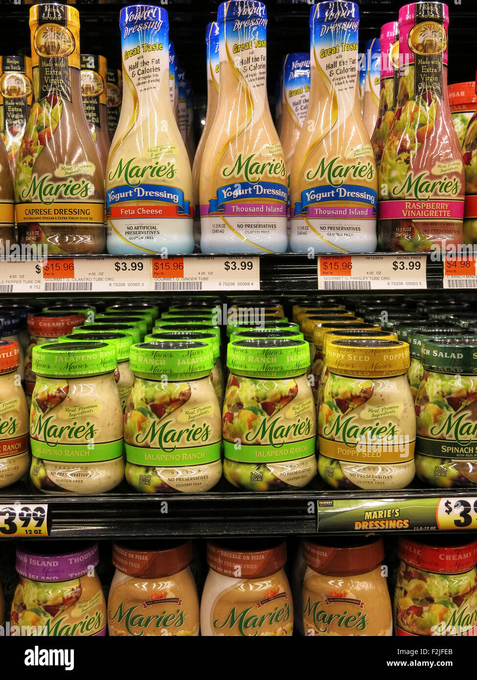 Maries Salat-Dressings, Fairway Super Market, New York City, USA Stockfoto