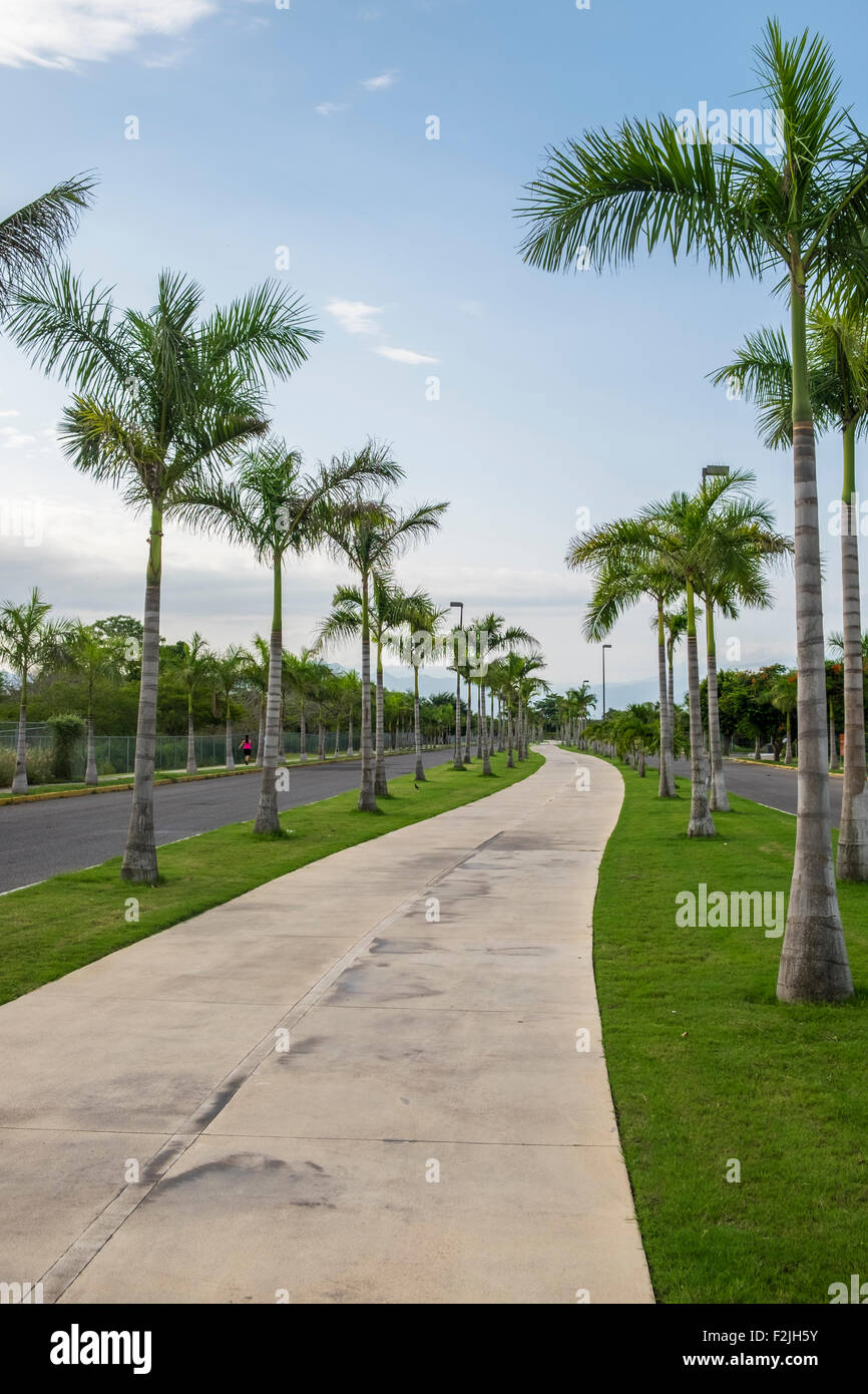 Mexiko, Nayarit, Nuevo Vallarta, Paseo de Los Cocoteros mit Radweg zwischen den Fahrspuren Stockfoto