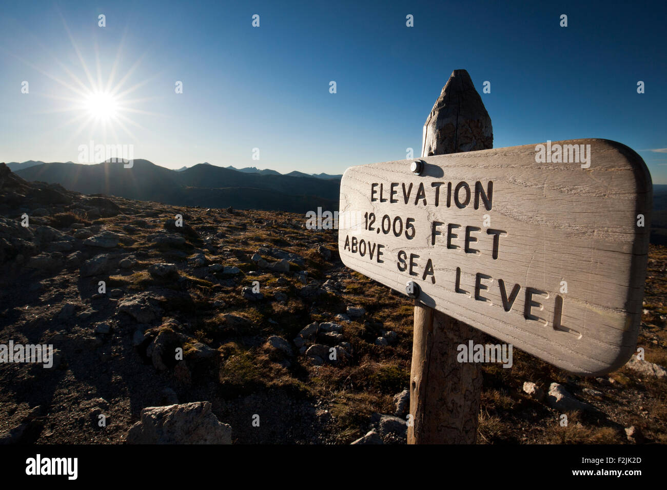 Höhe Zeichen 12.005 Füße - Alpine Tundra Ökosystem - Rocky Mountain National Park, in der Nähe von Estes Park, Colorado, USA Stockfoto