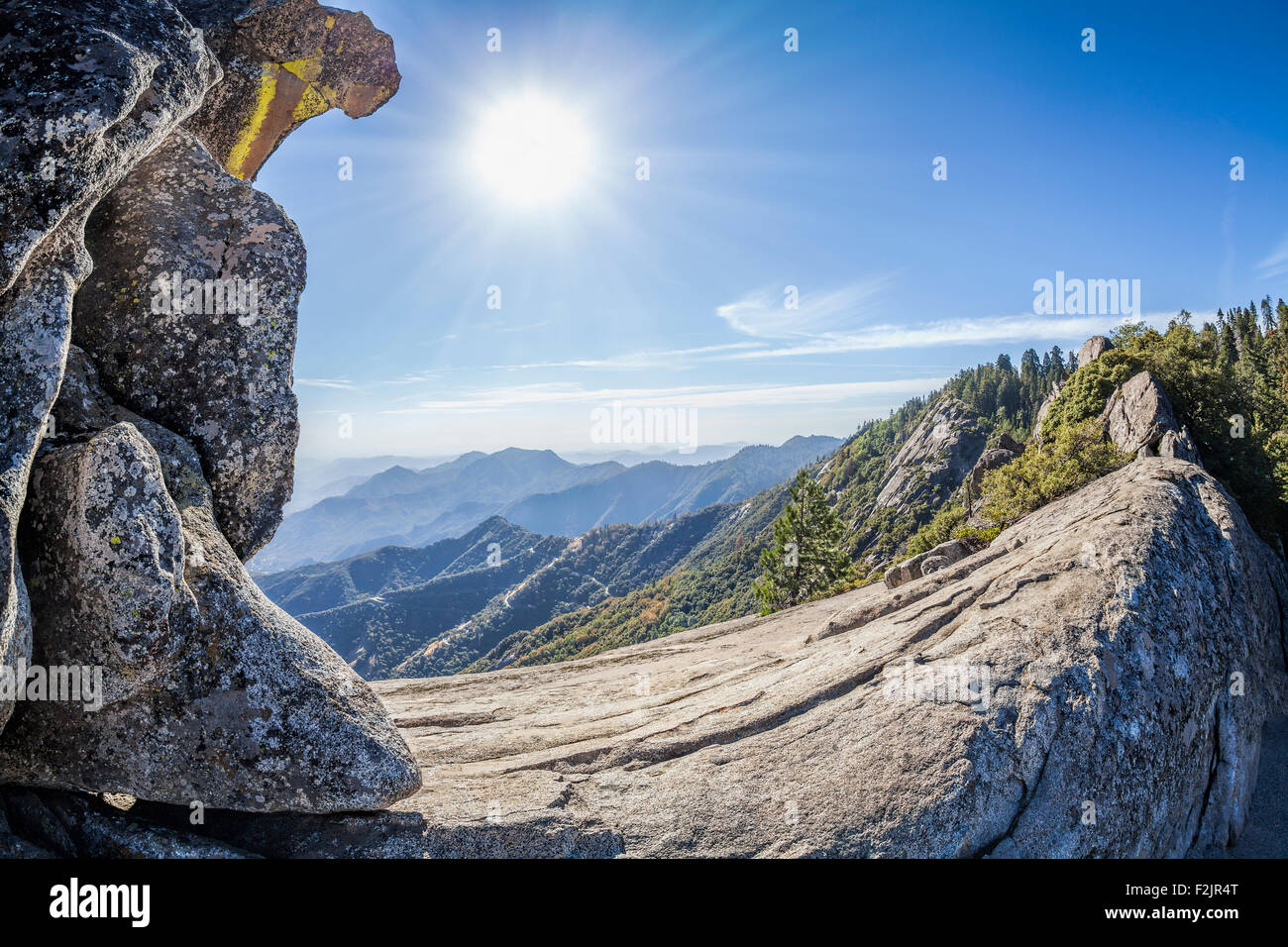 Moro Rock gegen Sonne, einzigartige Granit Kuppel Felsformation im Sequoia National Park, USA. Stockfoto