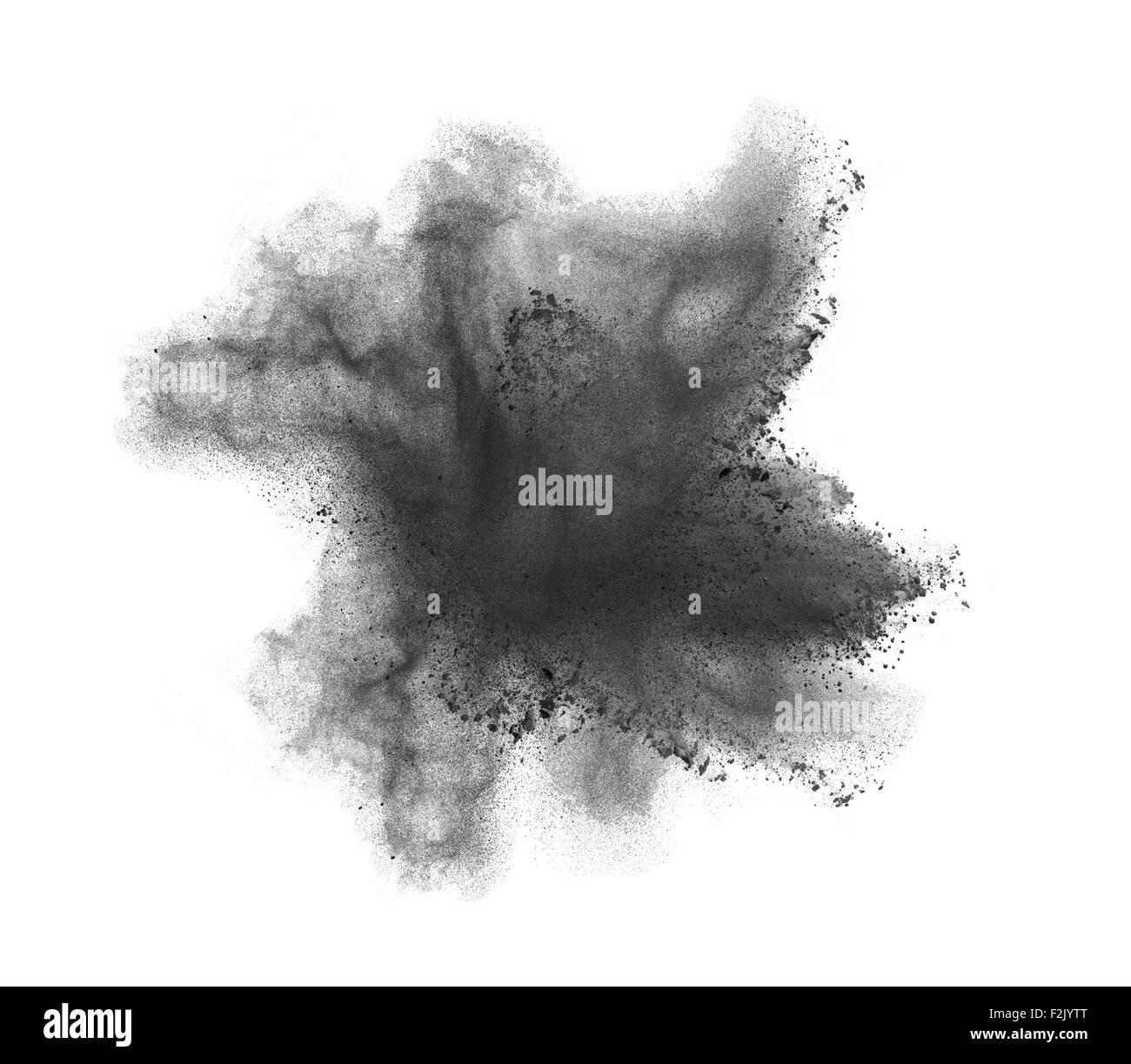 Einfrieren der Bewegung der schwarzen Staubexplosion isoliert auf weißem Hintergrund Stockfoto