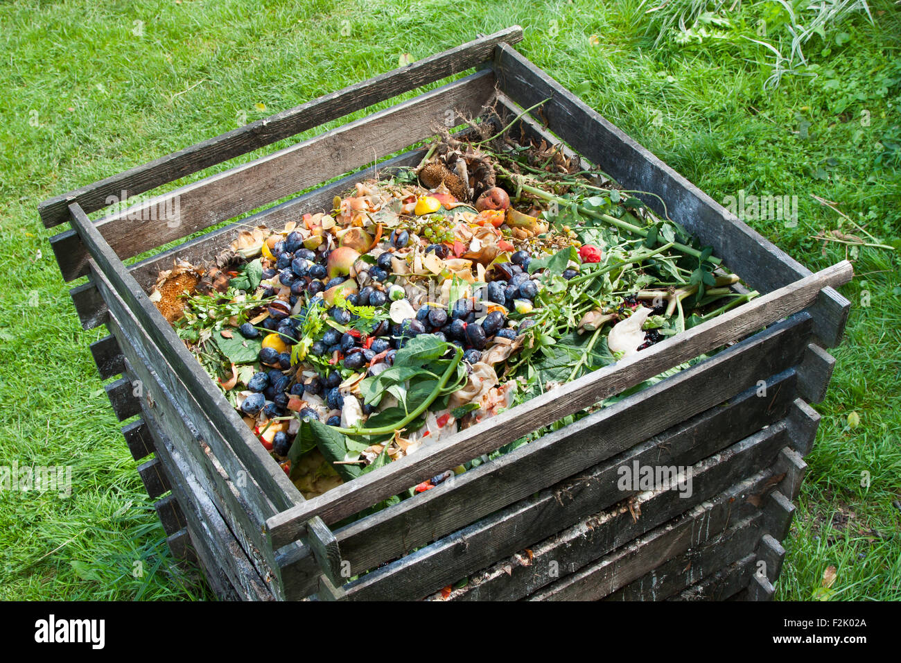 Kompost im Garten. Kompostierung Haufen verwesender Küche Obst und Gemüse Fetzen Stockfoto
