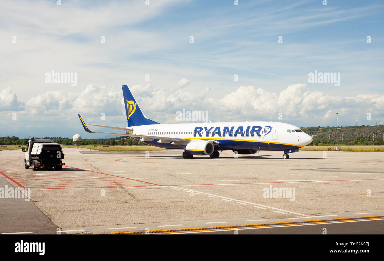 Ansicht von Ryan Air Flugzeug in Triest Flughafen Stockfoto