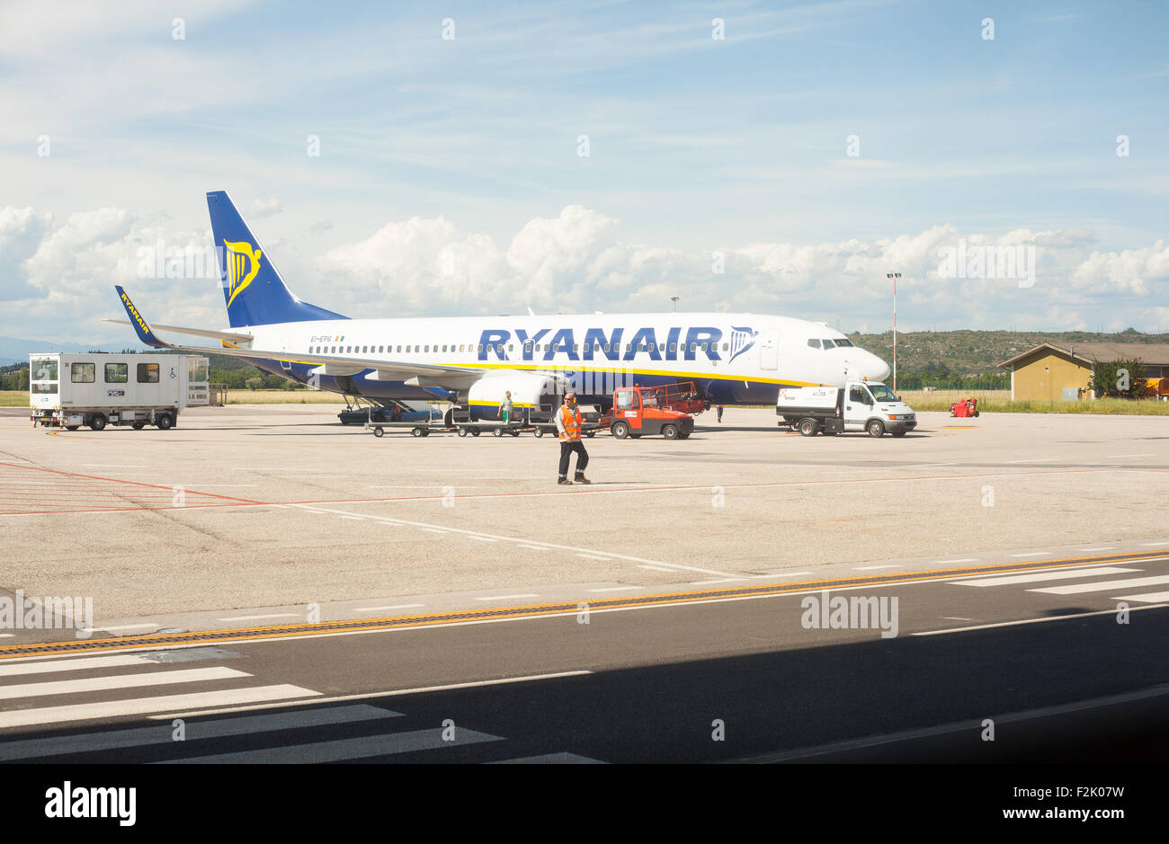 Ansicht von Ryan Air Flugzeug in Triest Flughafen Stockfoto