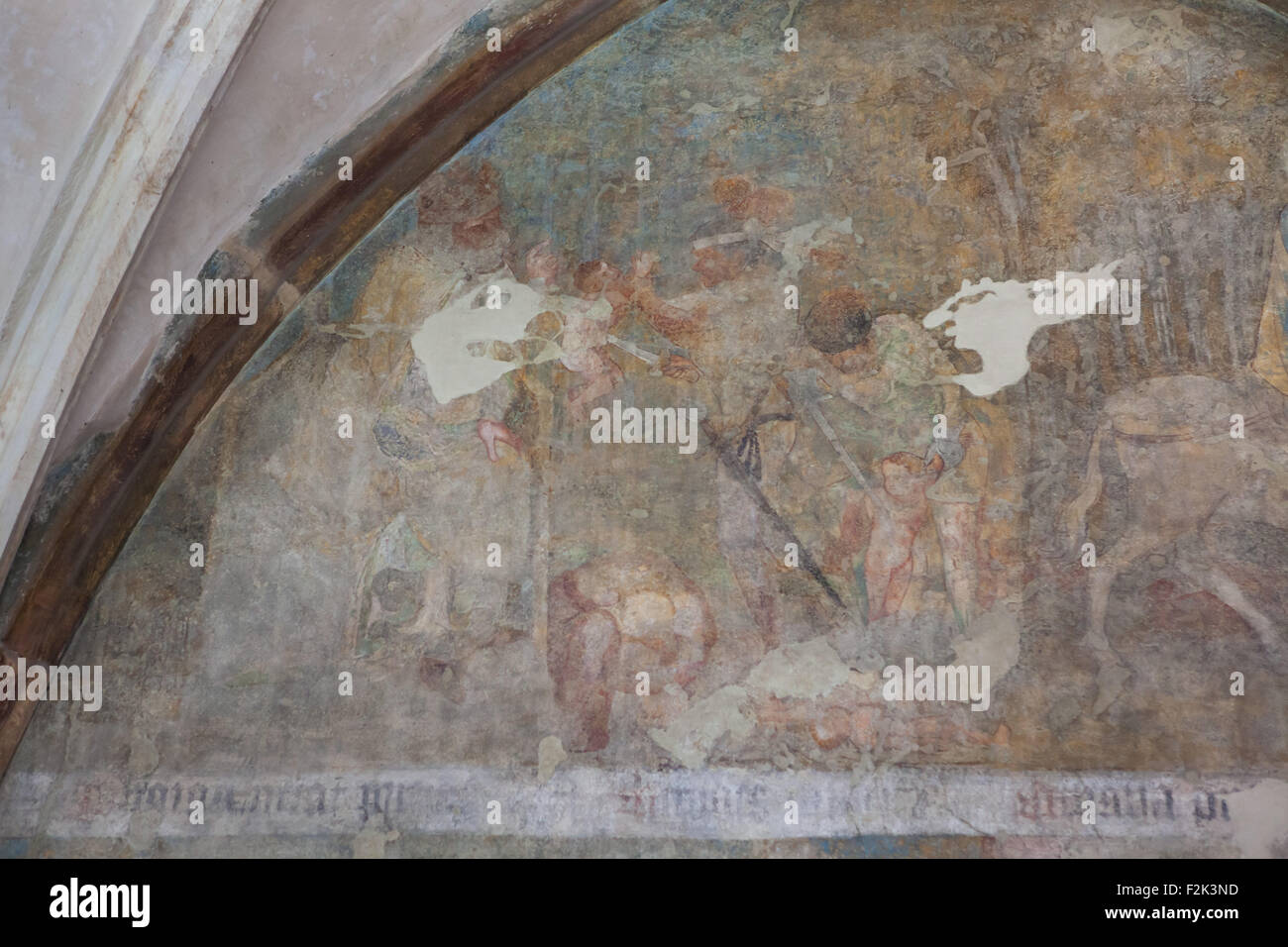 Massaker der unschuldigen Kinder. Gotische Wandmalerei aus dem 14. Jahrhundert bekannt als der Emmaus-Zyklus im Kreuzgang des Klosters Emmaus (Na Slovanech) in Prag, Tschechien. Stockfoto