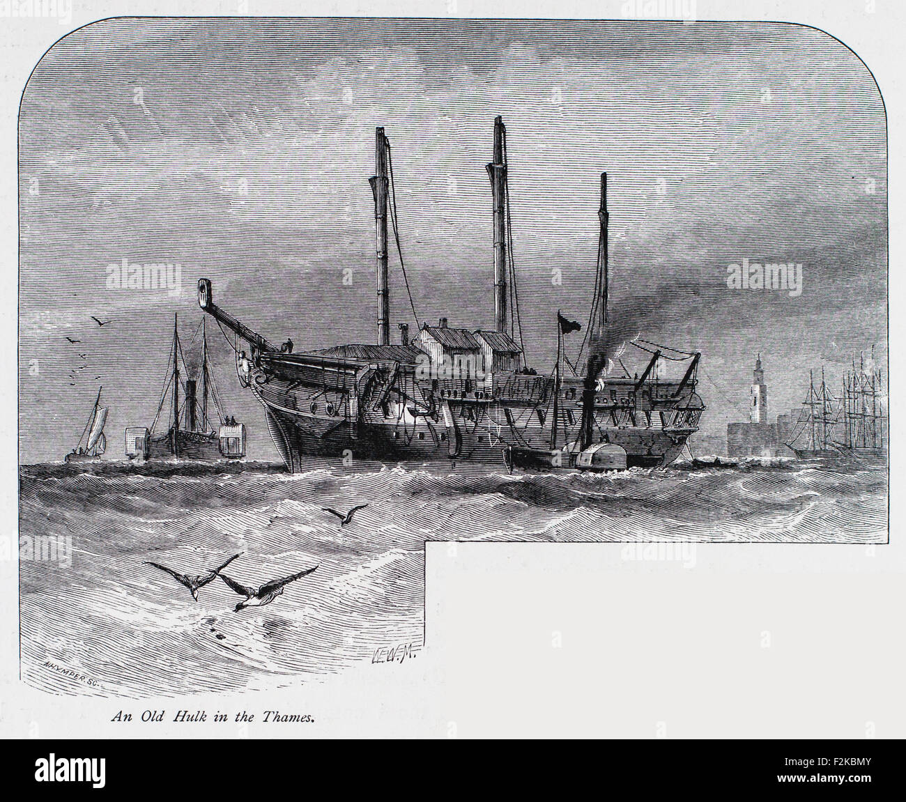 Holz graviert Print An alte Hulk in der Themse.   Versand mit Hafen und Pool of London, UK Stockfoto