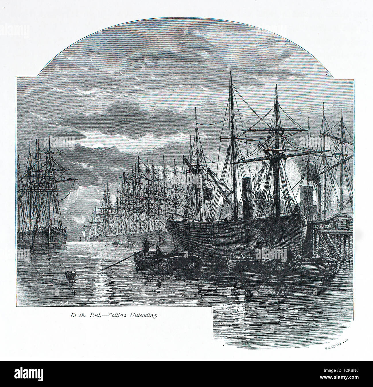 Holz graviert Print Pool von London, Colliers entladen. Das Schiff ist wahrscheinlich eine Nordost-Collier Brig, auf denen ein Jeer manipuliert wurde,... so viele wie 600 Colliers an jedem beliebigen Tag im Pool von London gesehen werden könnte. Stockfoto