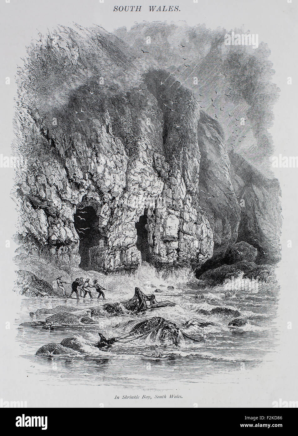 Holz graviert Print Skrinkle Bay, South Wales. Der sandige, shingly Strand Skrinkle Haven, zwischen Old Castle Head und Lydstep Punkt, liegt Süd-östlich von Manorbier Dorf. Skrinkle Haven war tabu für die Öffentlichkeit seit vielen Jahren befand sich unter den Feuern Bogen der Royal Artillery Gebirge bei Manorbier, sowie den Pembrokeshire Nationalpark Küste Fußweg nahm eine im inland Umweg hier, um den Gefahrenbereich zu vermeiden. Stockfoto