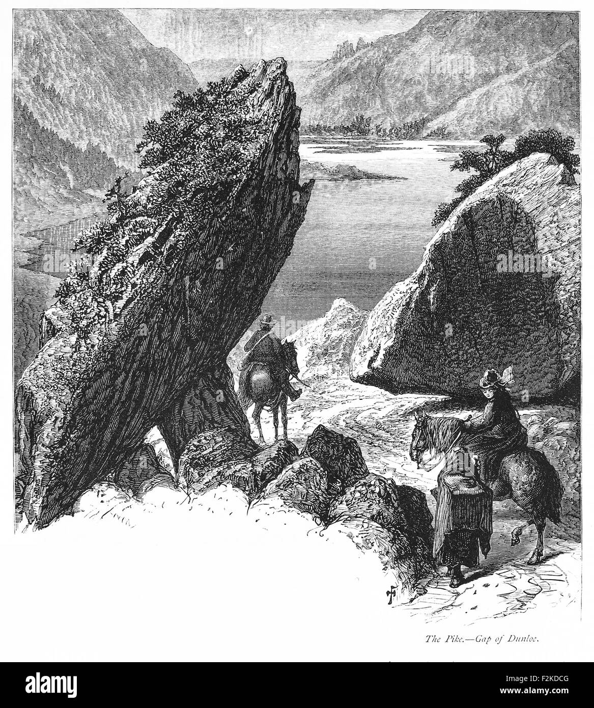 Holz graviert print Lücke von Dunloe, County Kerry, Landschaft von Irland". Die Lücke von DUNLOE, ist ein Wild Mountain verunreinigen oder Pass und liegt zwischen den Gestank und die Purple Mountain, eine Schulter des Tomies. Der Glen, der ungefähr vier Meilen in der Länge, präsentiert eine außergewöhnliche Erscheinung. Auf der rechten oder linken Hand, die schroffen Felsen, die aus riesigen Massen von hervorstehenden Felsen, drohen ängstlich über den schmalen Weg, und bei jedem Schritt droht mit Zerstörung der abenteuerliche Erforscher von diesem trostlosen Szene. Stockfoto