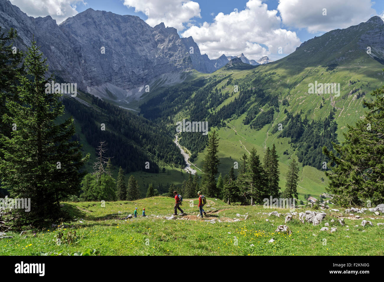 Blick zur Binsalm, Laliderer Wände Berge, Karwendel, Tirol, Österreich Stockfoto