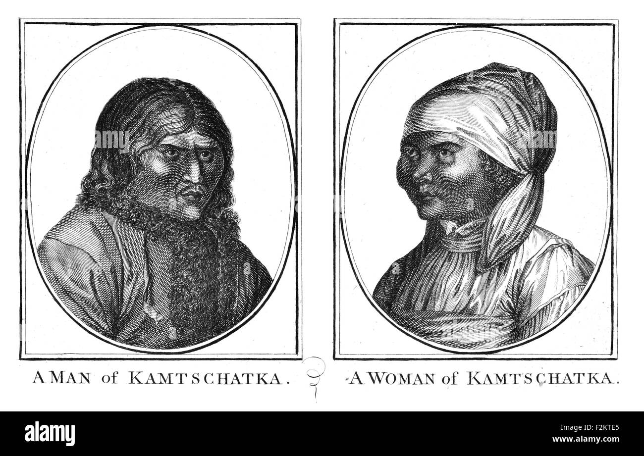 Kapitän James Cook FRS 1728 1779 British Explorer, Navigator, Kartograph, Kapitän der Royal Navy. Mann und Frau von Kamtschatka Stockfoto