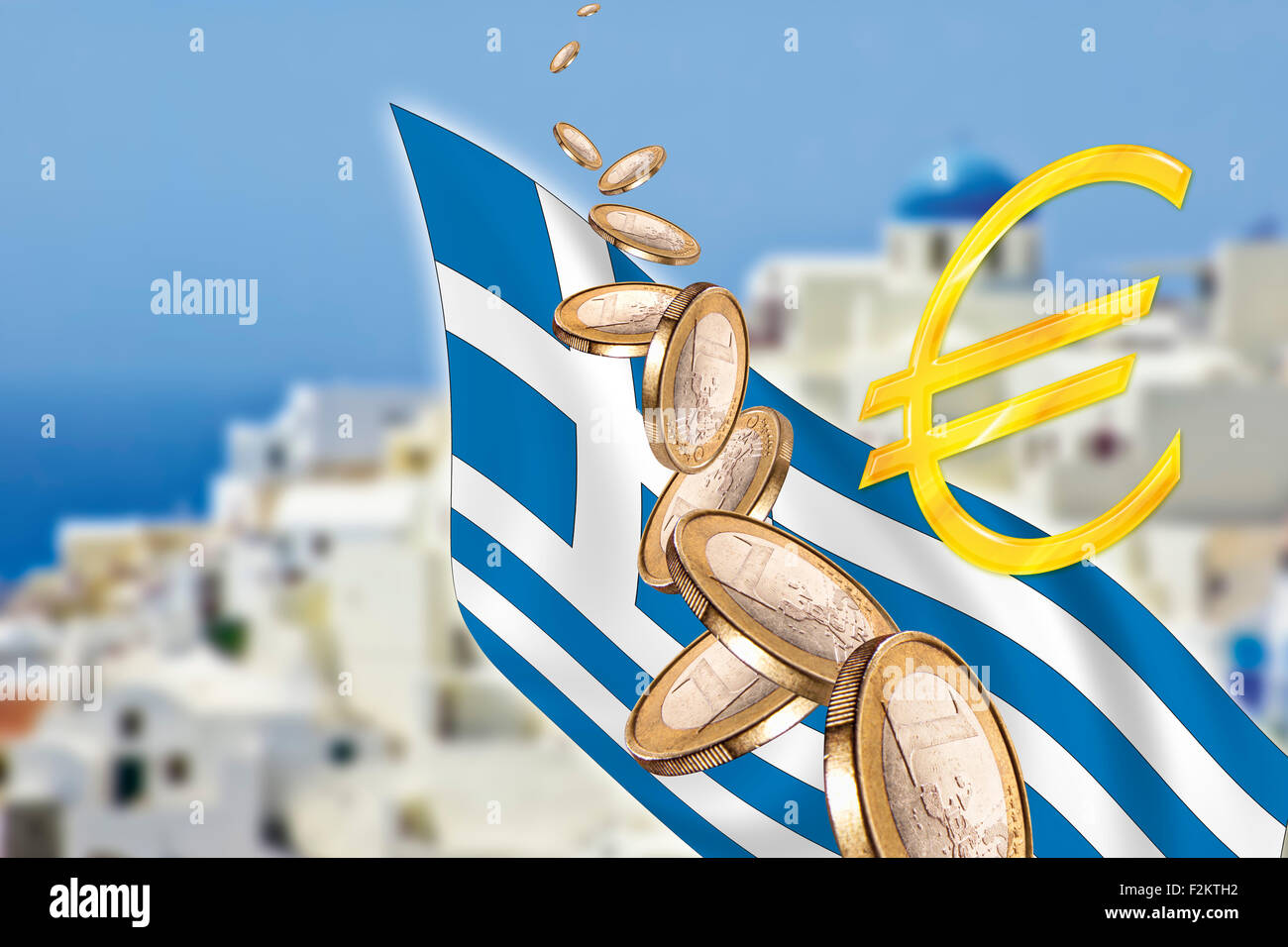 Symbolisches Bild, Griechenland, Grexit, Bank-Krise, Euro-Münzen, Flagge, Santorini im Hintergrund Stockfoto