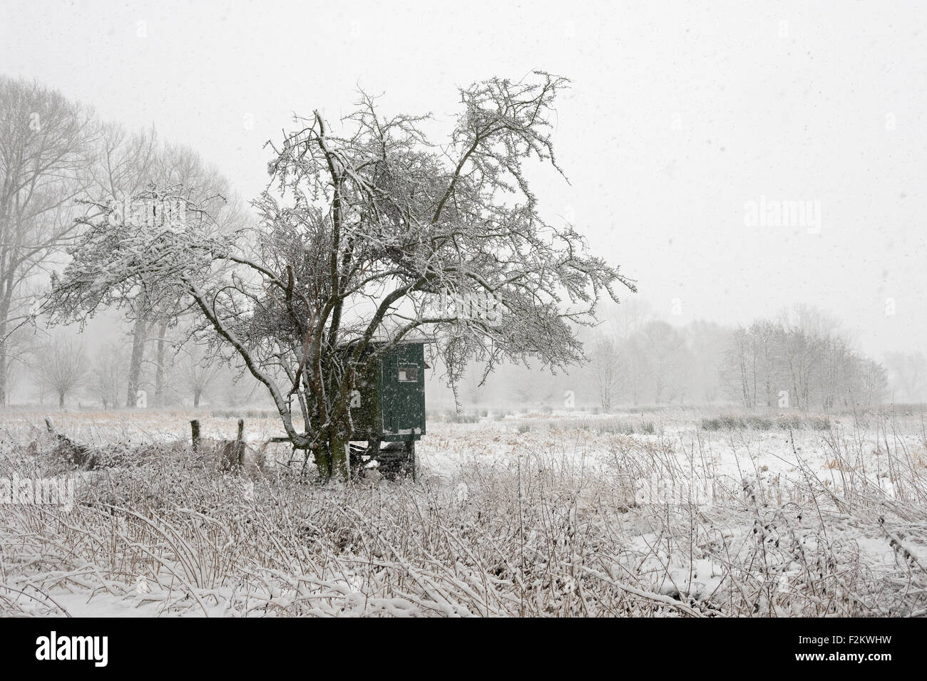 Mobiler Deerstand, Beginn des Winters in weiten Naturlandschaften, alte Rheinschleuder, schneebedecktes Wetter, bei Düsseldorf, Deutschland. Stockfoto