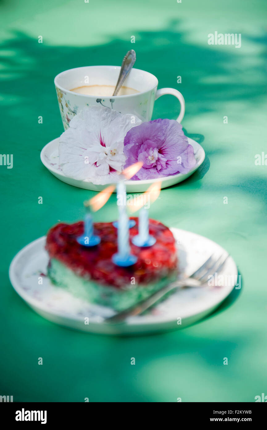 Herzförmige Geburtstag Kuchen und Kaffee Tasse mit Blumen Stockfoto
