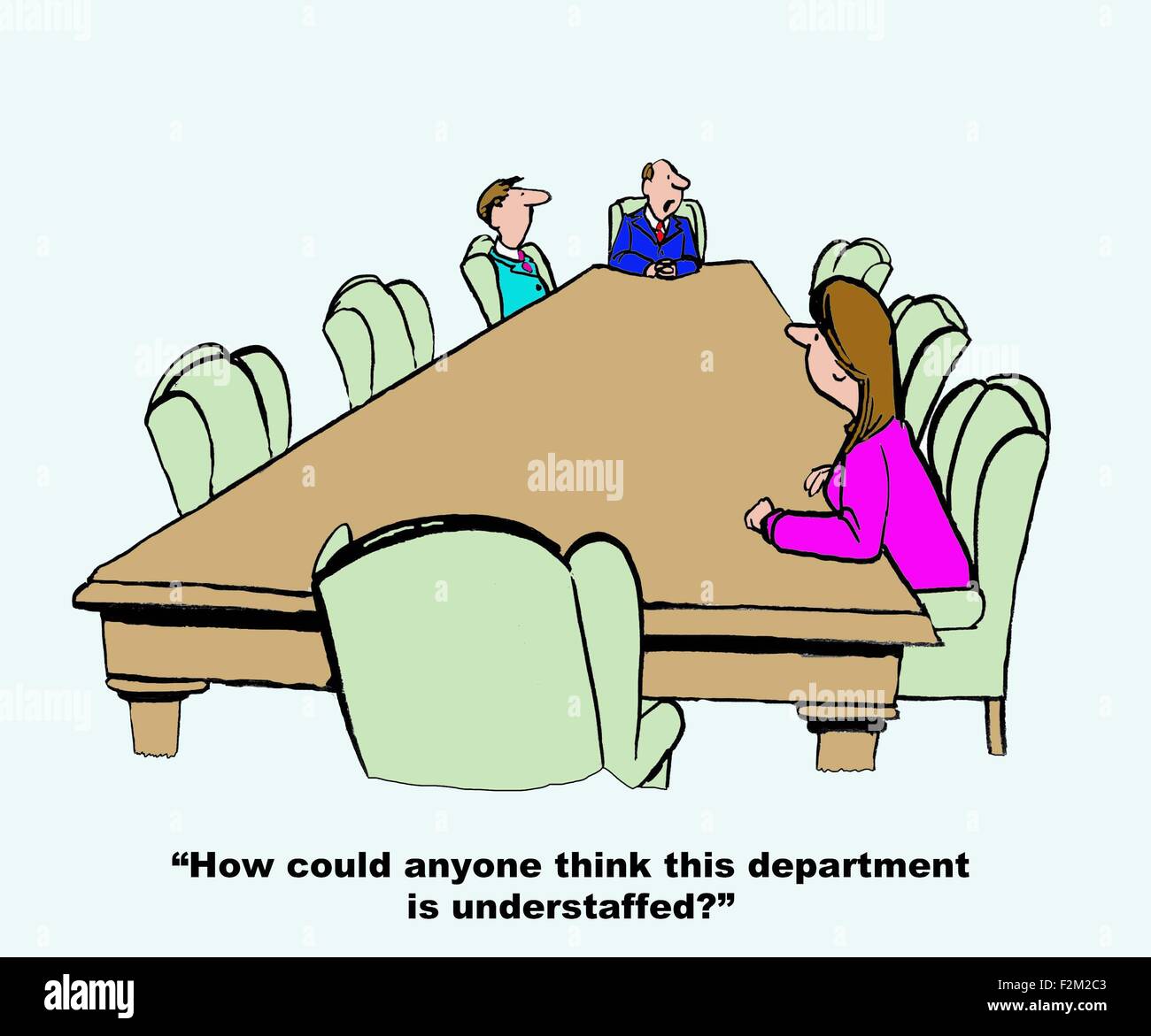 Geschäft cartoon zeigt nur drei Personen im großen Sitzungssaal, "wie könnte jemand denken, dass diese Abteilung unterbesetzt ist?" Stockfoto