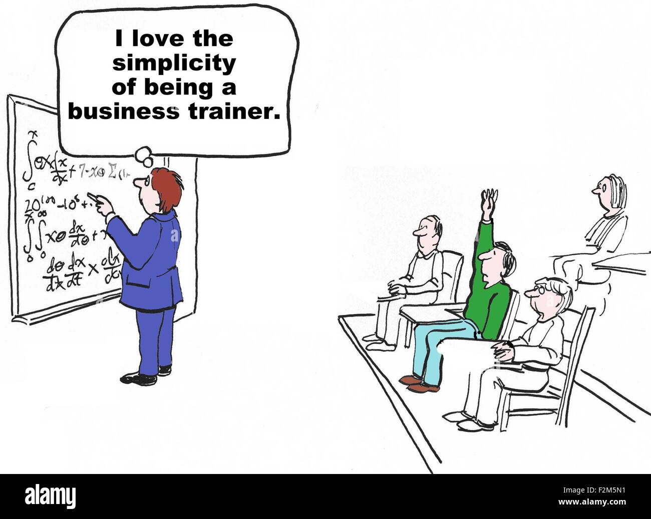 Business-Cartoon des Trainers am Brett mit komplexen Formeln.  Er denkt, "Ich liebe die Einfachheit des Seins ein Business-Trainer" Stockfoto