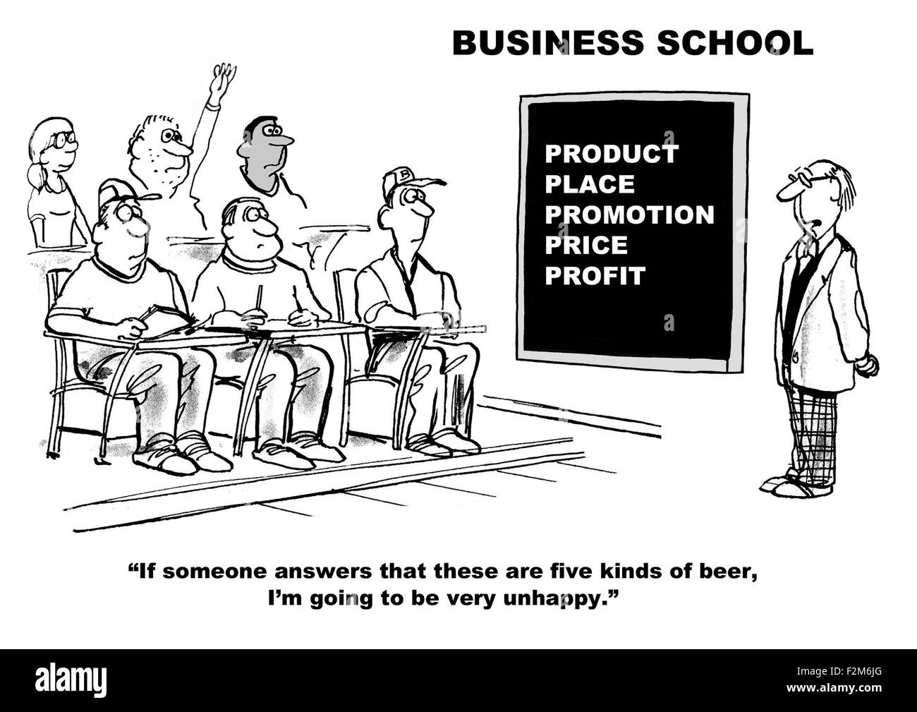 Wirtschaft und Bildung Cartoon zeigt Professor an Bord 5 S, die besagt "Falls jemand Answe... fünf Arten von Bier... sehr unglücklich". Stockfoto