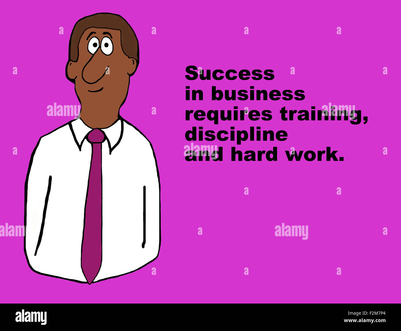 Business-Abbildung der schwarze Geschäftsmann und die Worte "Erfolg im Business Training, Disziplin und harte Arbeit erfordert". Stockfoto