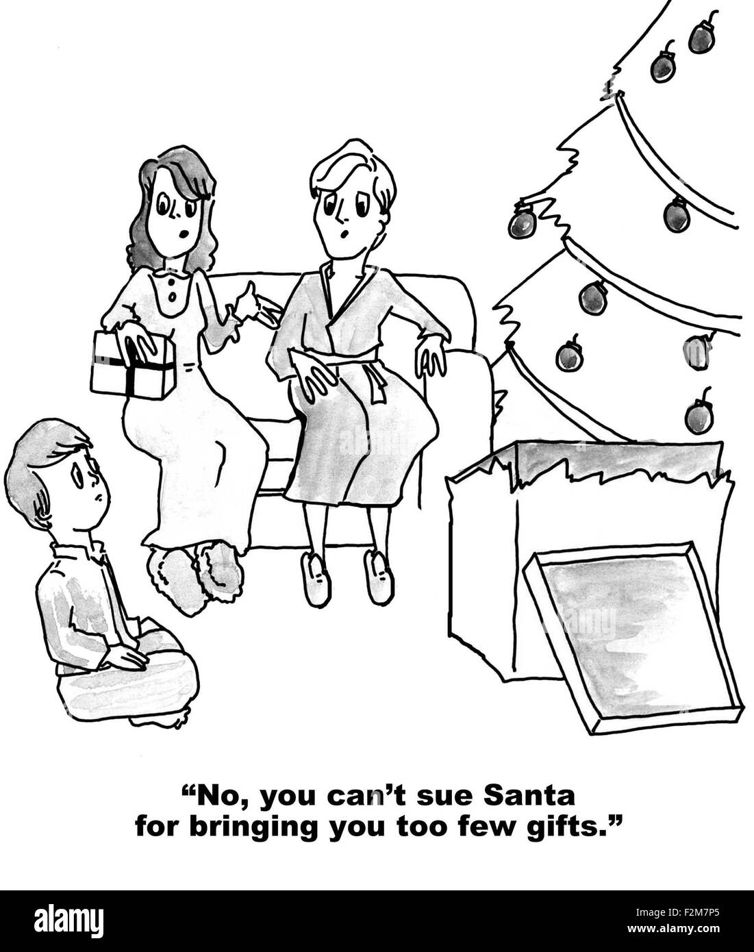 Weihnachten Cartoon zeigt junge Geschenke und Mutter sagte: "Nein, Sie Santa verklagen können nicht dass er dich auch paar Geschenke" zu öffnen. Stockfoto