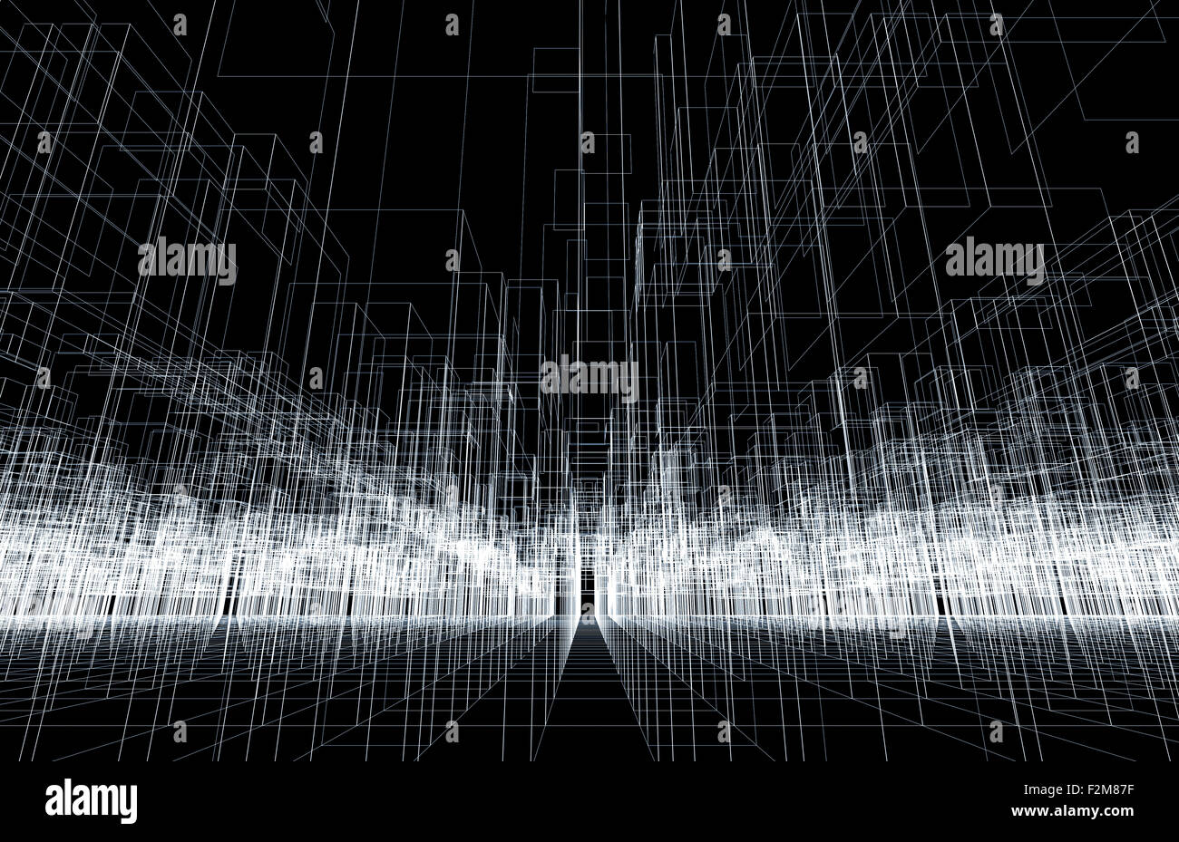 Digitalen Hintergrundtextur mit 3d Wire-Frame-Struktur, perspektivische Ansicht. Weiße Linien auf schwarzem Hintergrund Stockfoto