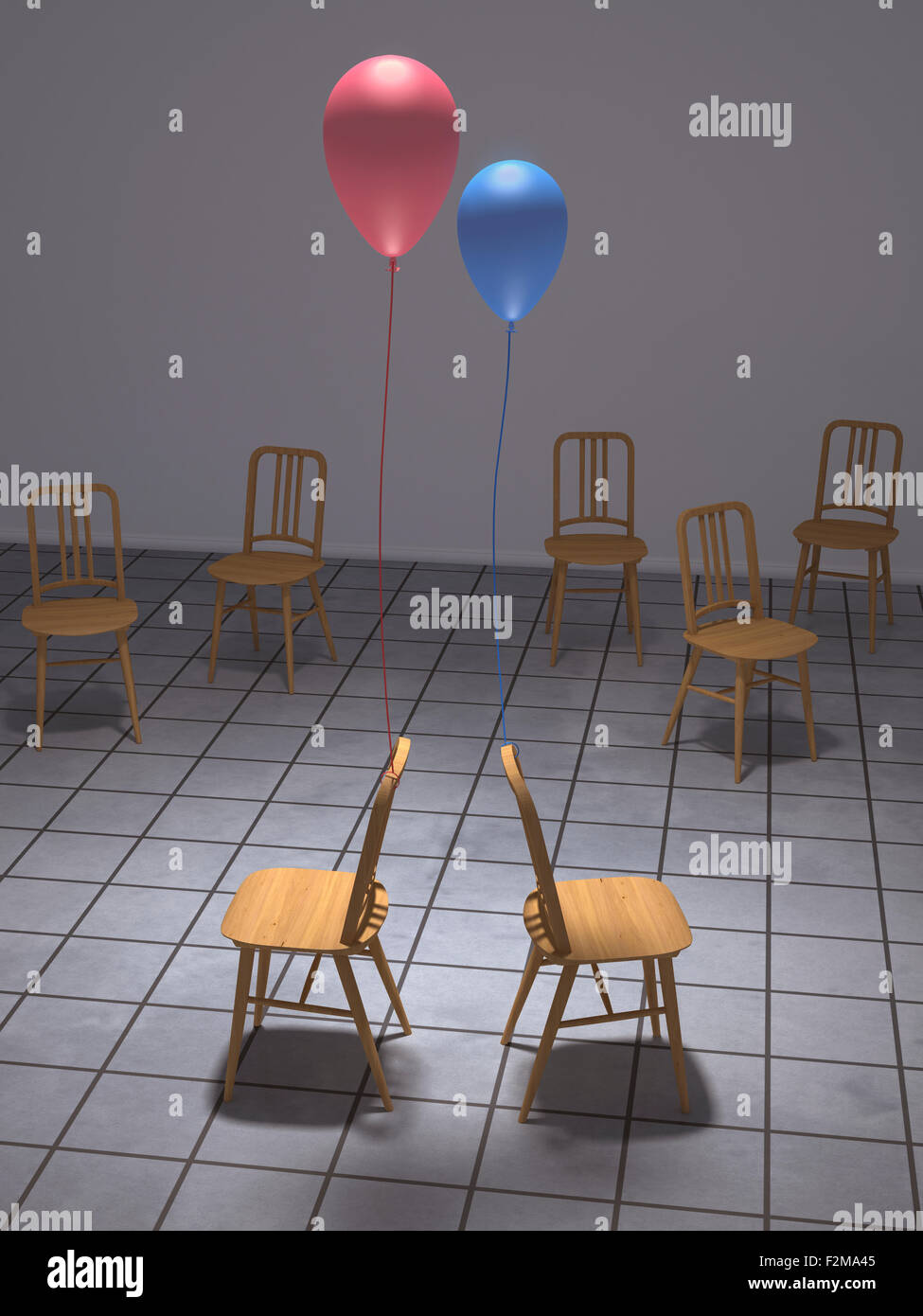 Roten und blauen Ballon gebunden an Rückenlehnen der zwei Stühle, 3D Rendering Stockfoto