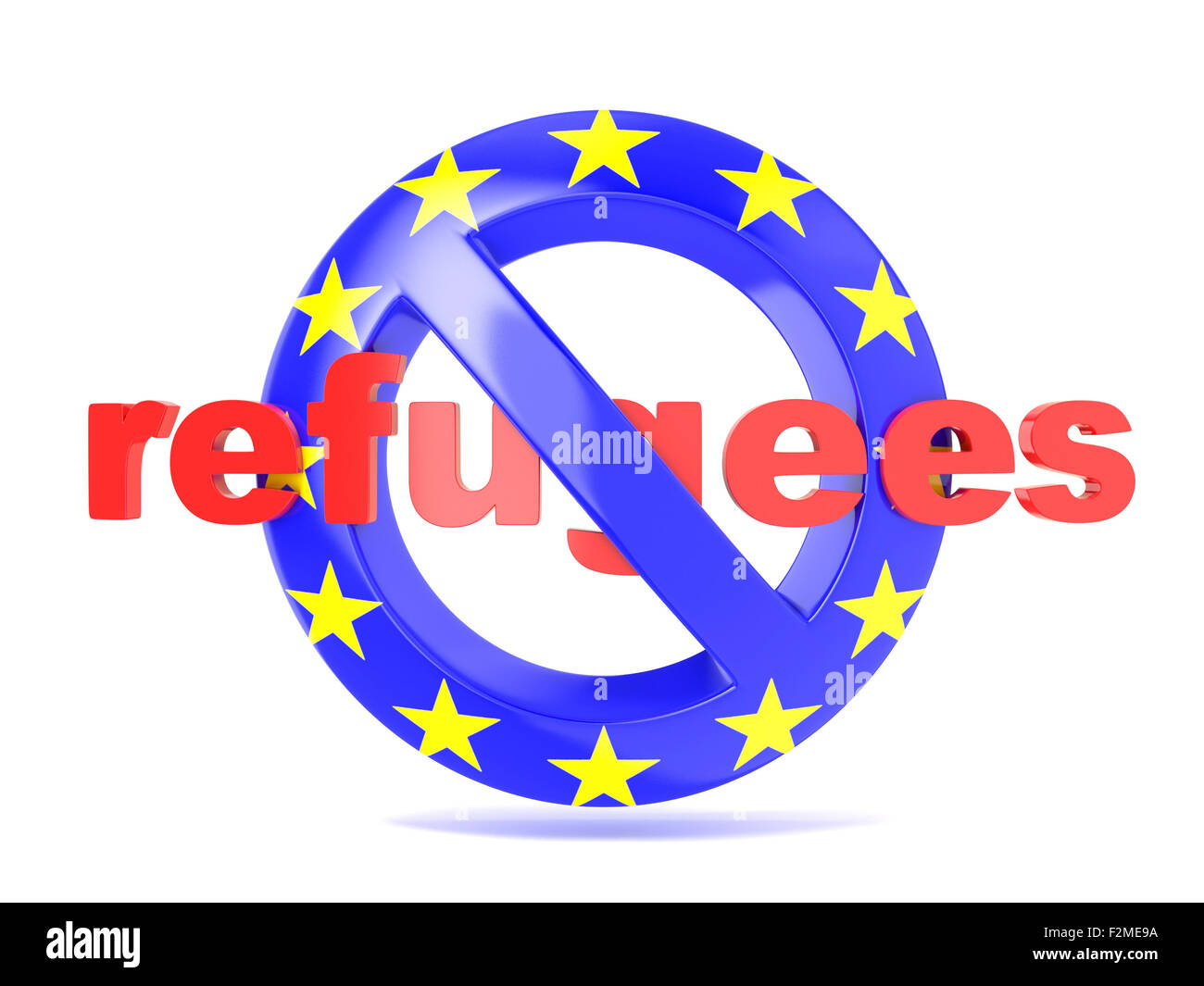 Verbotene Zeichen mit EU-Flagge und Flüchtlinge. Krisenkonzept für Flüchtlinge. 3D Render Abbildung isoliert auf weißem Hintergrund Stockfoto