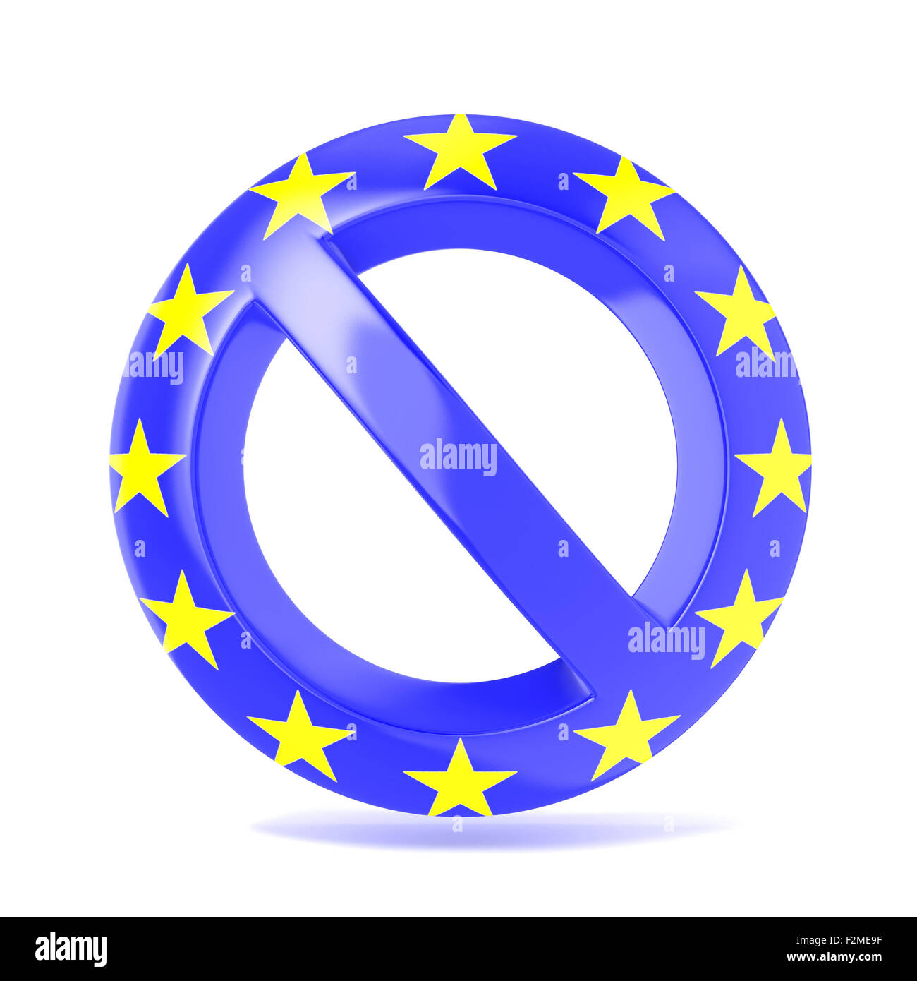 Schild mit EU-Flagge verboten. 3D Render Abbildung isoliert auf weißem Hintergrund Stockfoto