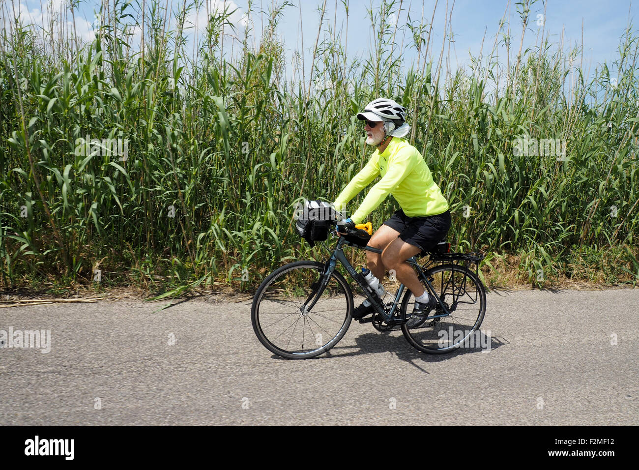 Radfahrer, Radfahren auf einer Landstraße unterwegs. Stockfoto