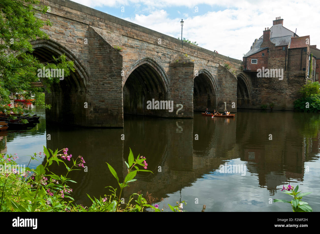 Ruderer auf dem Fluss tragen bei Elvet Bridge, Durham City, England, UK Stockfoto