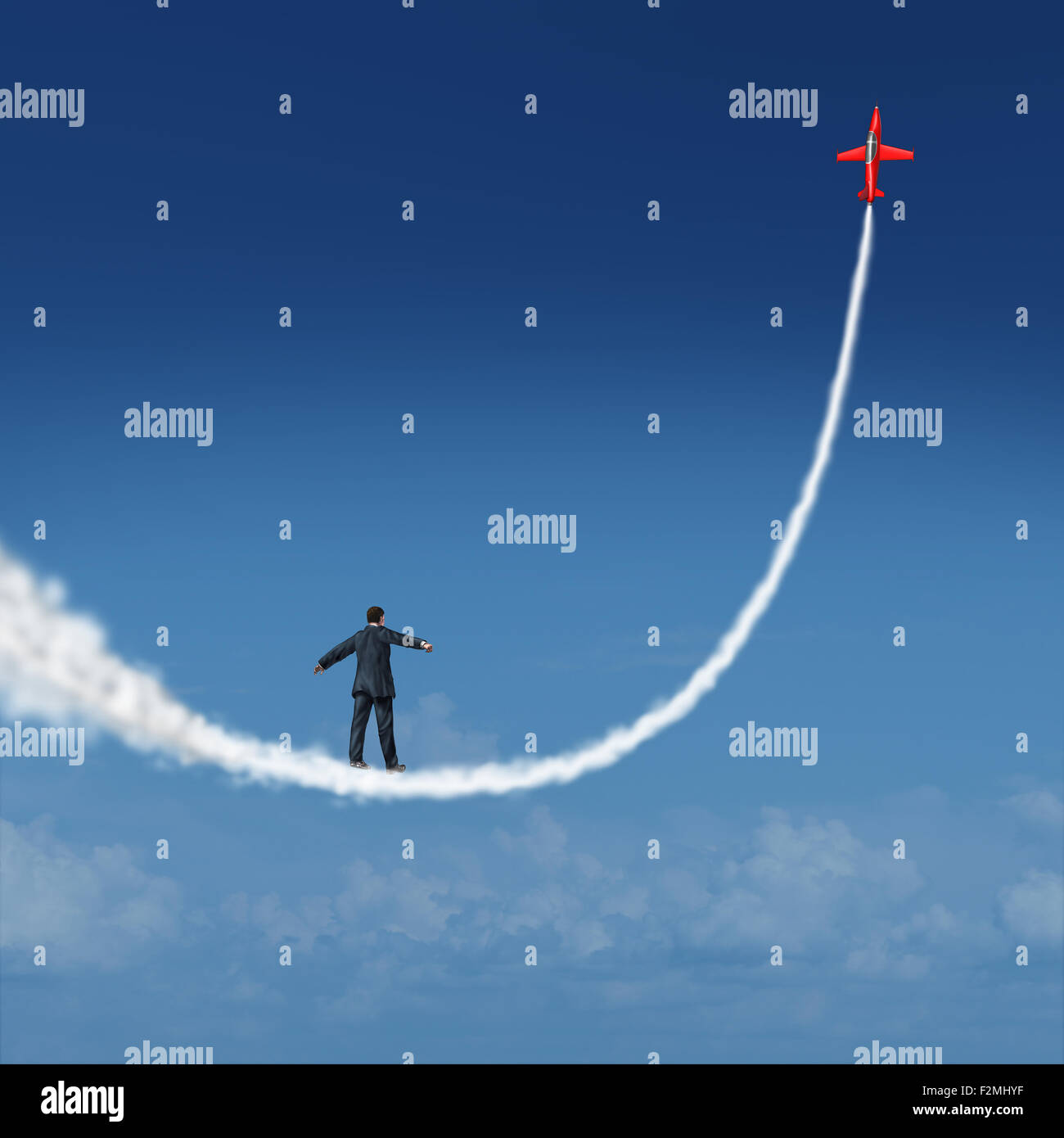Verfolge deine Träume Konzept und Motivations-Symbol als Geschäftsmann zu Fuß nach oben auf eine Rauchfahne, erstellt von einem Jet-Flugzeug als Symbol zum Träumen und Streben nach Wachstumserfolg. Stockfoto