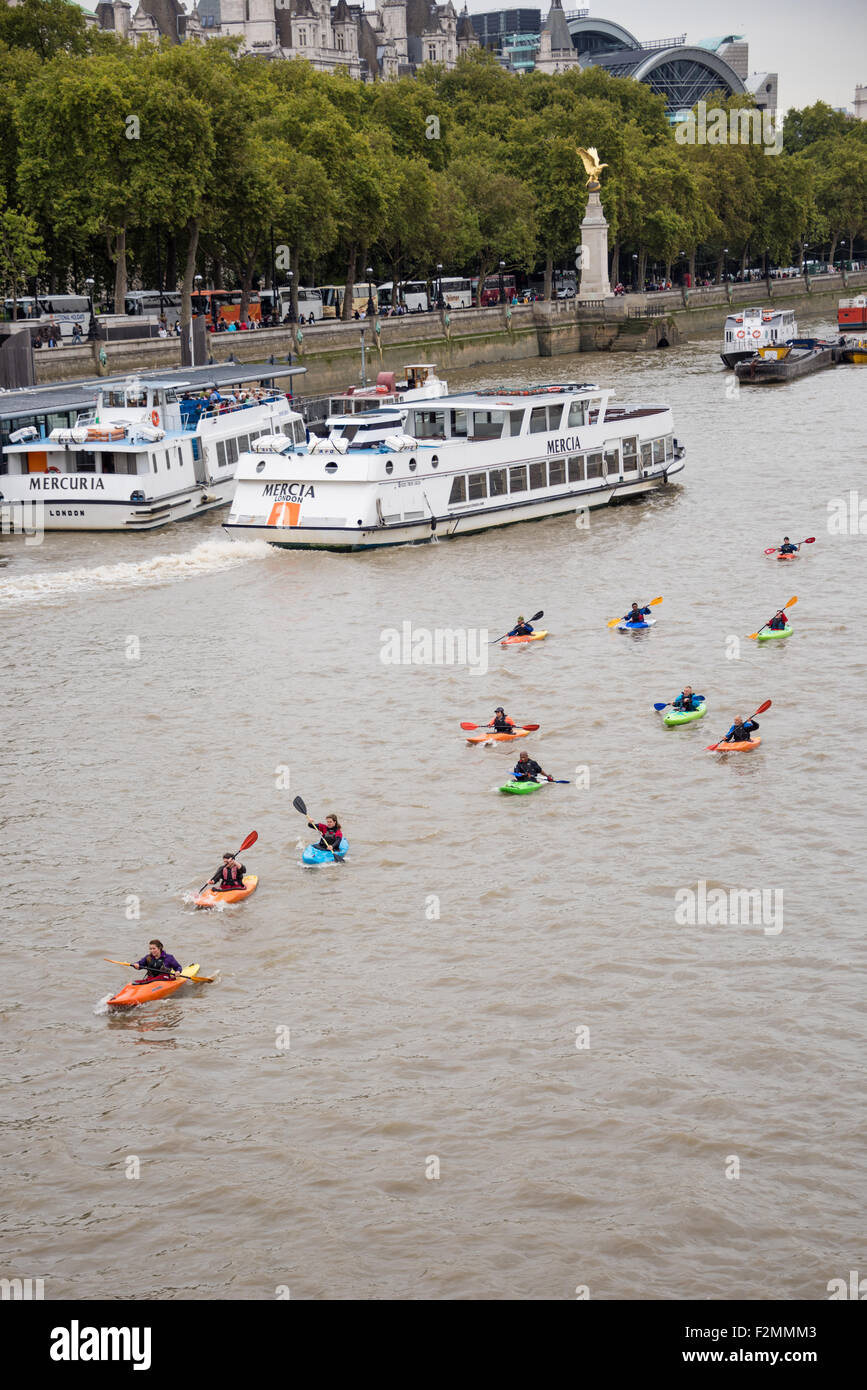 Menschen-Kanufahrt auf der Themse in The City of London UK Stockfoto
