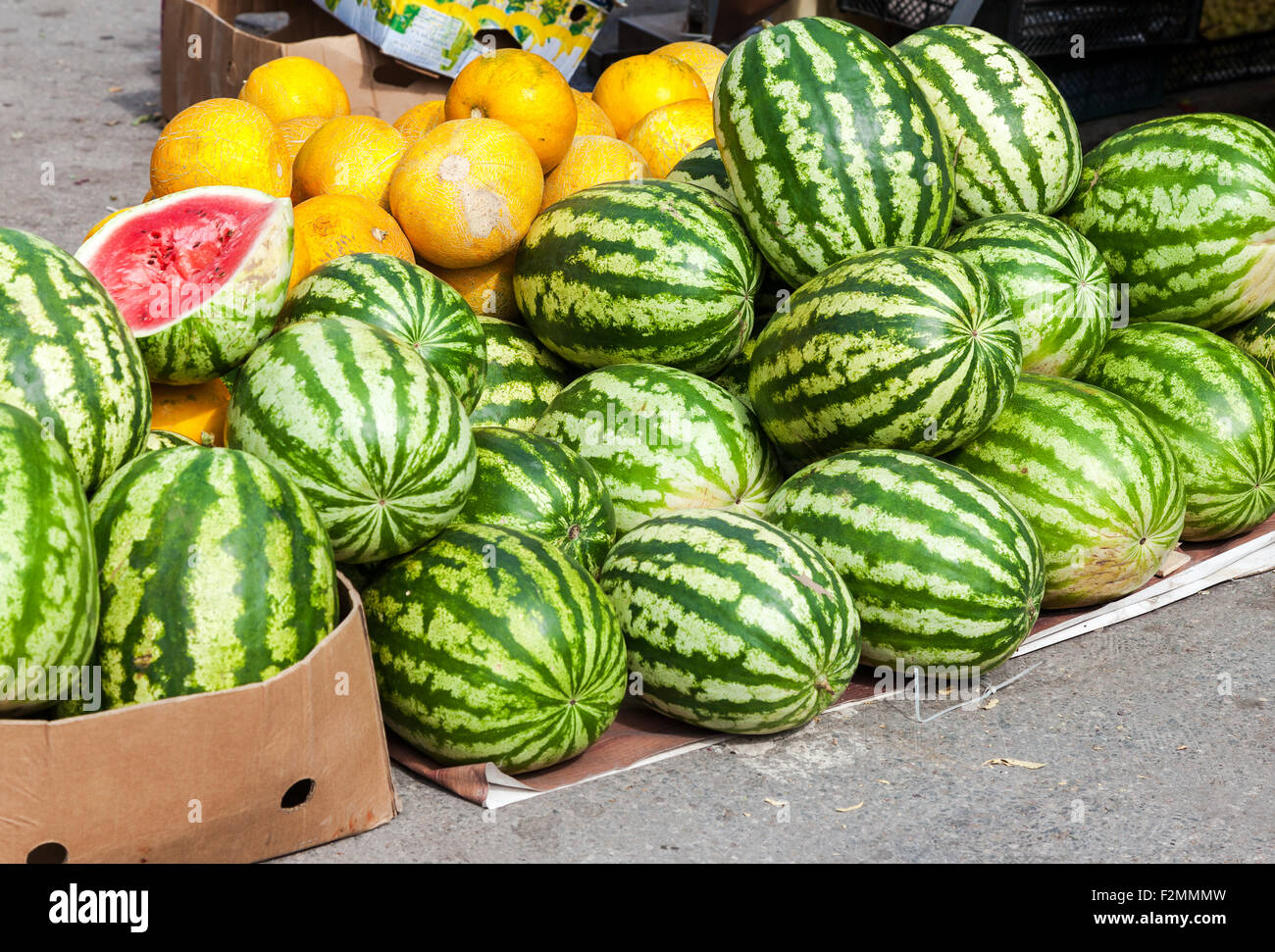 Frische Wassermelonen zum Verkauf auf dem örtlichen Bauernmarkt Stockfoto