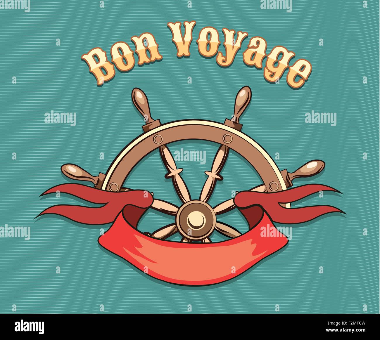 Nautische Lenkrad und rote Schleife und Schriftzug Bon Voyage. Abbildung im retro-Stil. Reisekonzept Stock Vektor