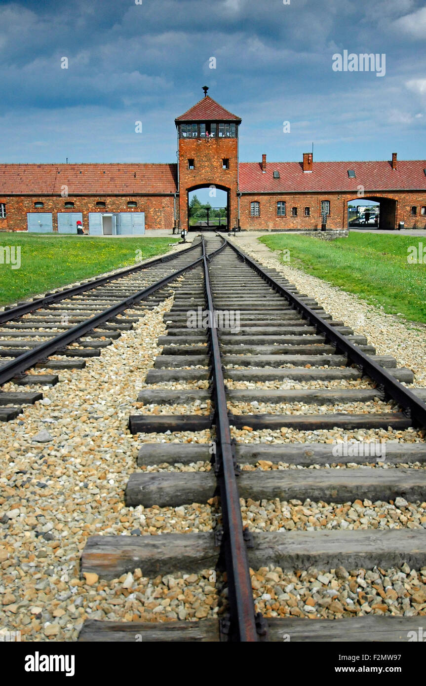 Senkrechten Blick auf die Gleise und Hauptzugang in Birkenau in Polen. Stockfoto