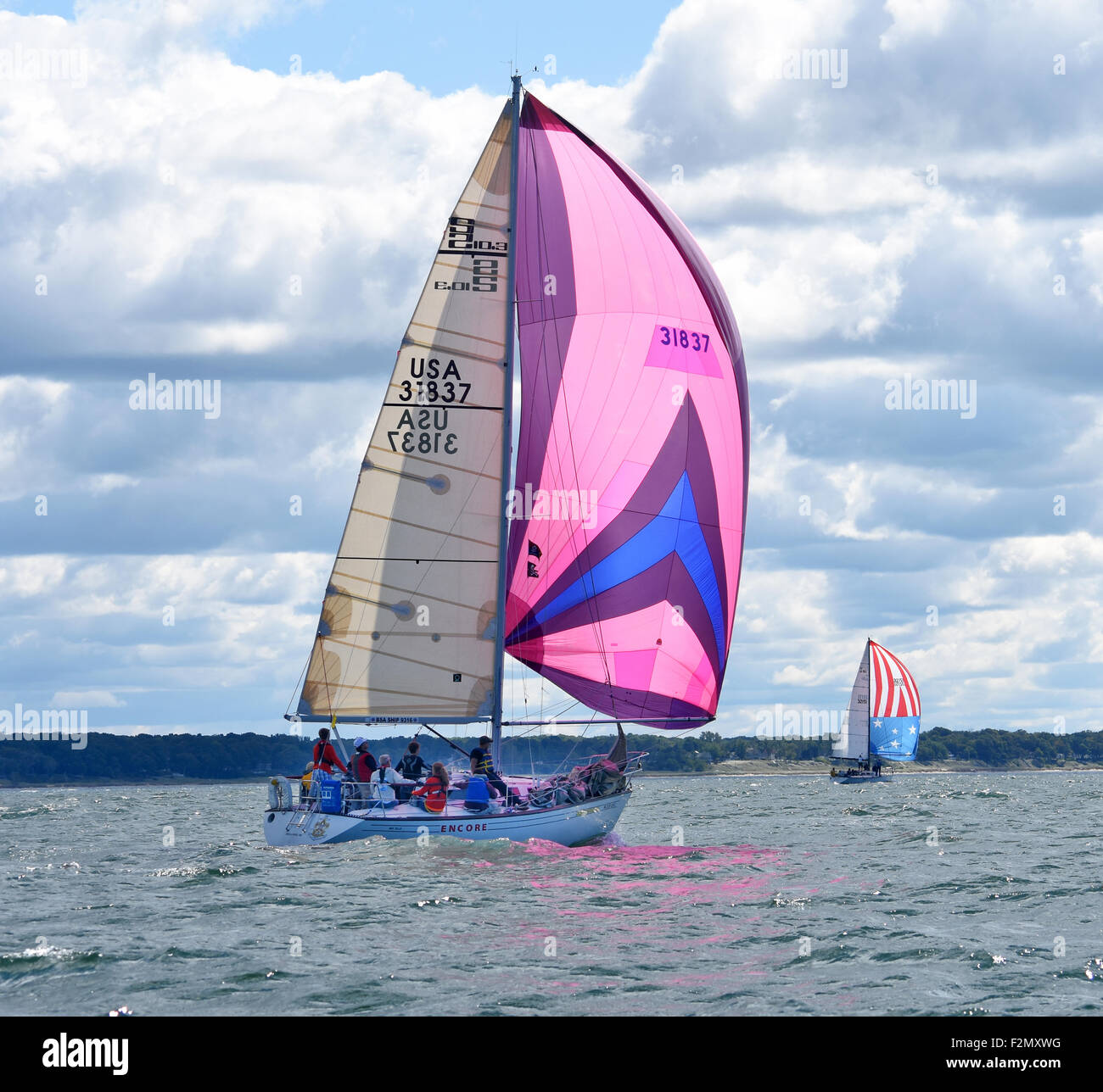 Hell rosa Spinnaker mit Segelteam in einem Segelboot-Rennen auf dem Lake Michigan. Stockfoto