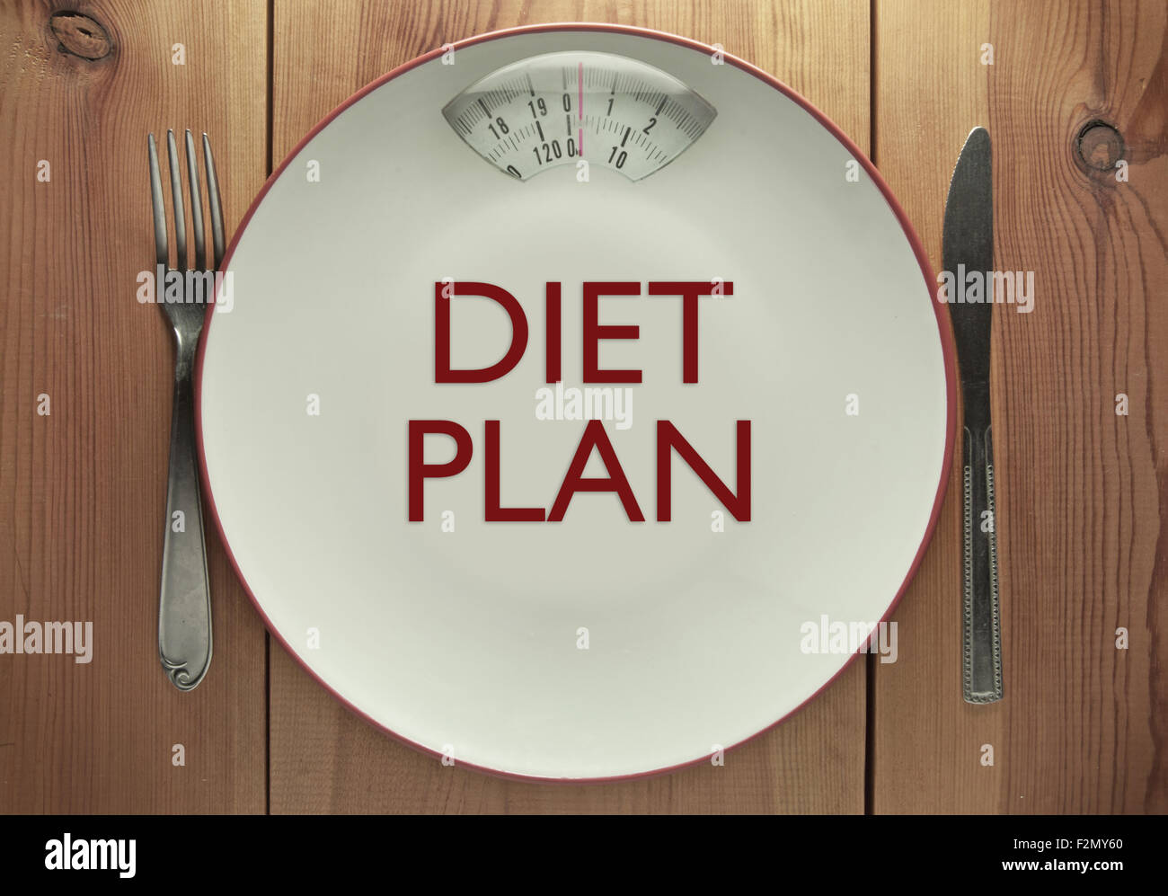 Diät-Plan gedruckt auf einem Teller mit Personenwaage Stockfoto