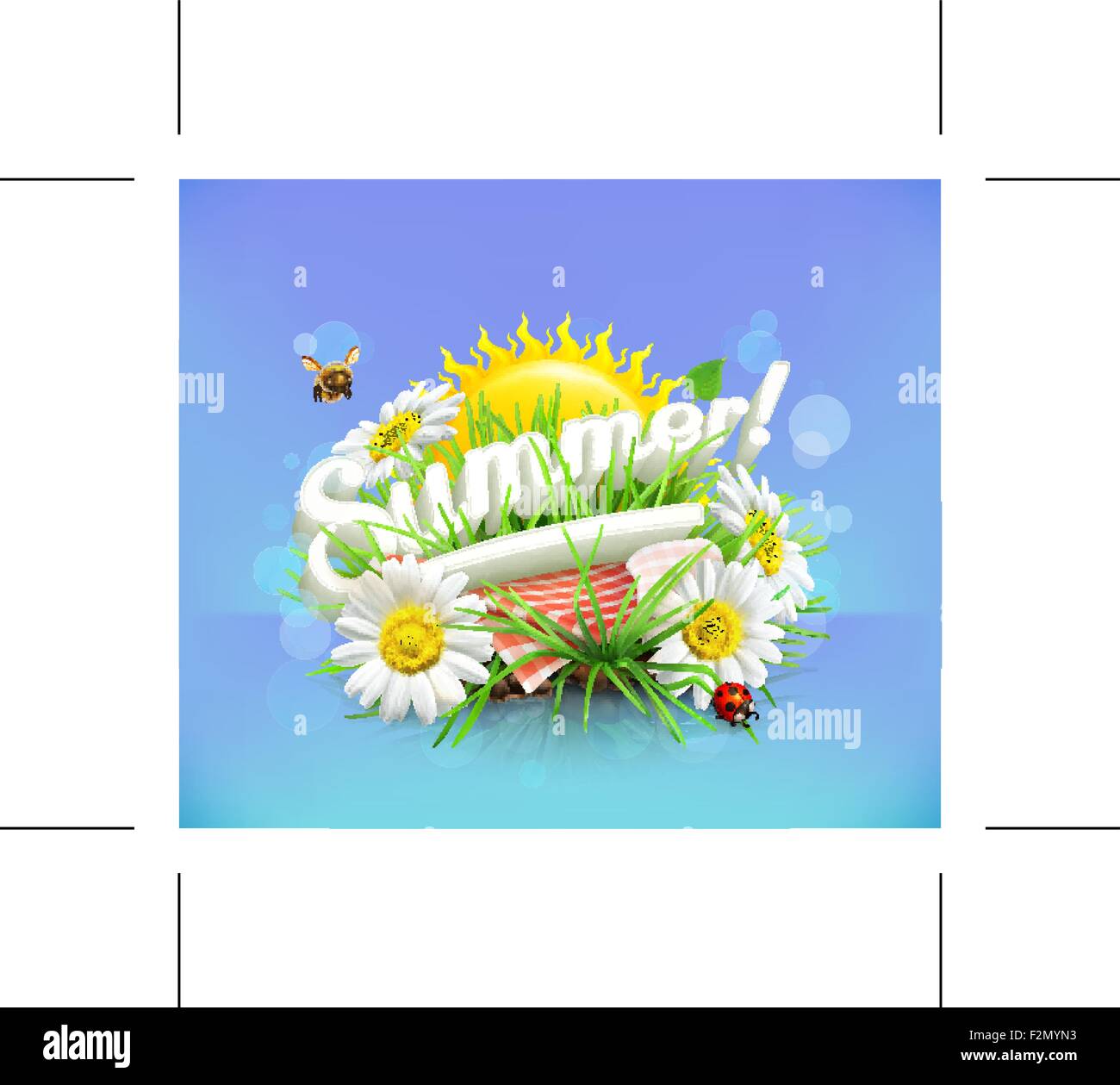 Sommer, Zeit für ein Picknick, Natur, Erholung im Freien, eine Tischdecke und Sonne im Rücken, Rasen, Blüten der Kamille, Vektor illustra Stock Vektor