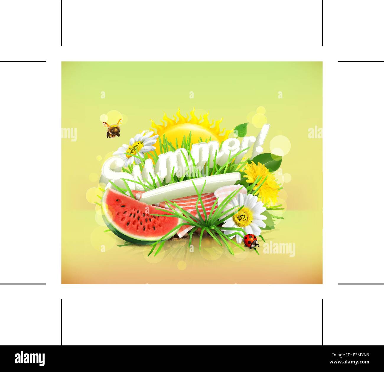 Sommer, Zeit für ein Picknick, Wassermelone, Natur, Erholung im Freien, ein Tischtuch und Sonne im Rücken, Rasen, Blüten der Kamille und Stock Vektor
