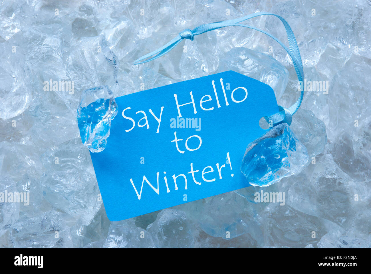 Label mit Sag Hallo zu Winter auf Eis Stockfoto