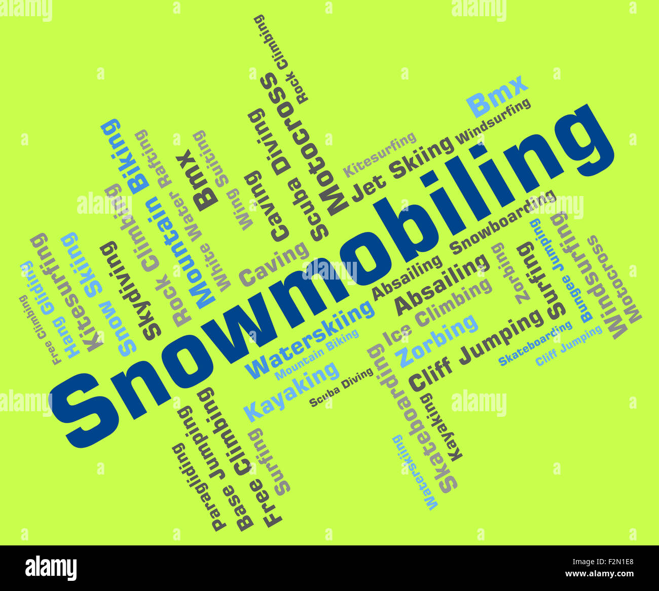 Motorschlitten-Wort für Wintersport und Wordcloud Stockfoto