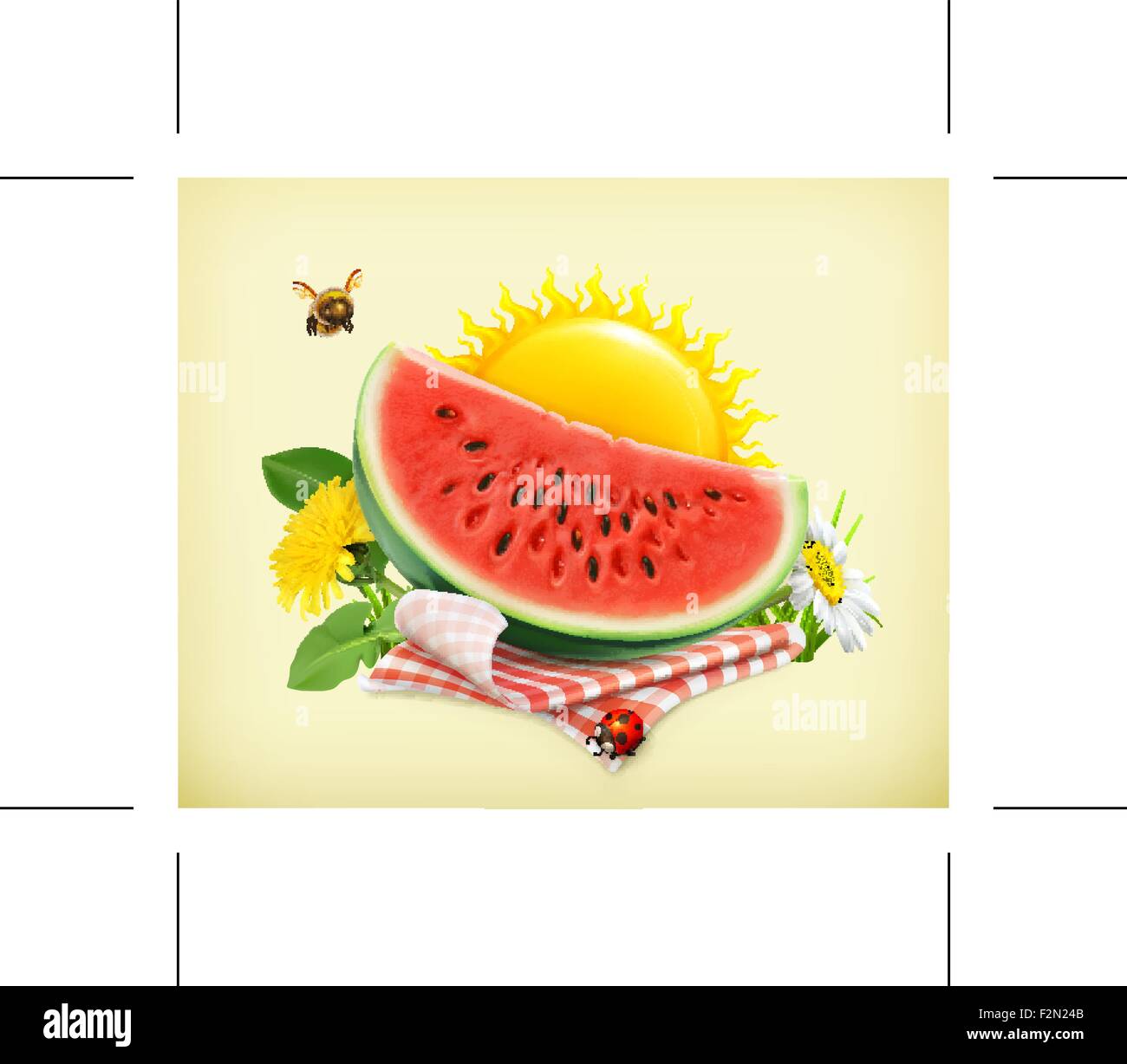 Sommer, Zeit für ein Picknick, Wassermelone, Natur, Erholung im Freien, eine Tischdecke und Sonne im Rücken, Rasen, Blumen der Kamille und d Stock Vektor