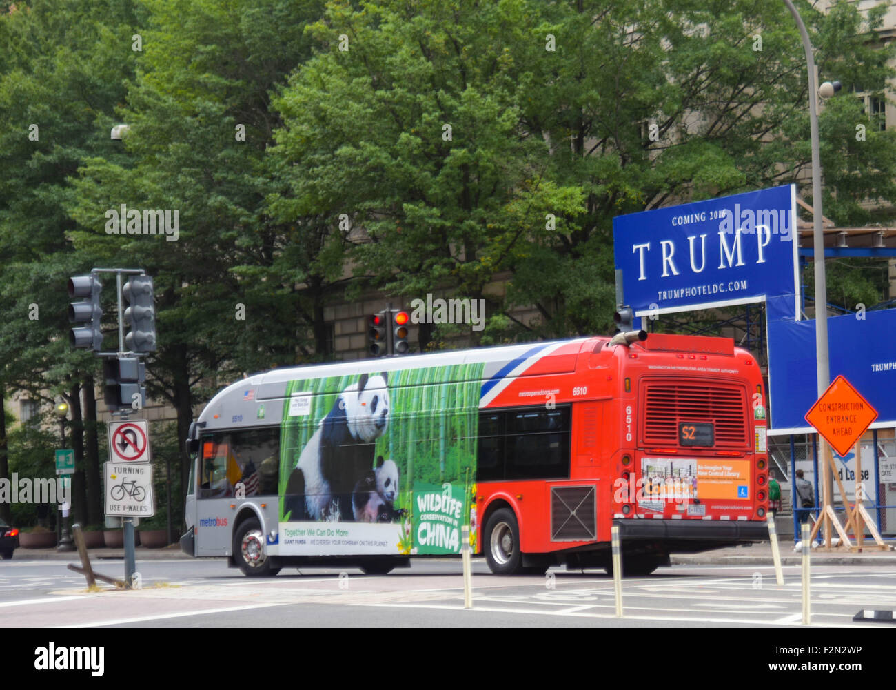 Washington, DC, USA. 21. Sep, 2015. Ein Bus mit einer Anzeige mit großer Panda fährt an der Pennsylvania Avenue in Washington, D.C., Hauptstadt der Vereinigten Staaten, 21. September 2015. 70 Metrobuses mit Bildern von sechs gefährdeten Tierarten Chinas: Giant Panda, Roter Panda, Snub-Nosed Affe, tibetische Antilope, Crested-Ibis und Red Crown Crane, reist um Northwest Washington und Teile von Maryland und Virginia für fünf Wochen seit Montag. © Bao Dandan/Xinhua/Alamy Live-Nachrichten Stockfoto