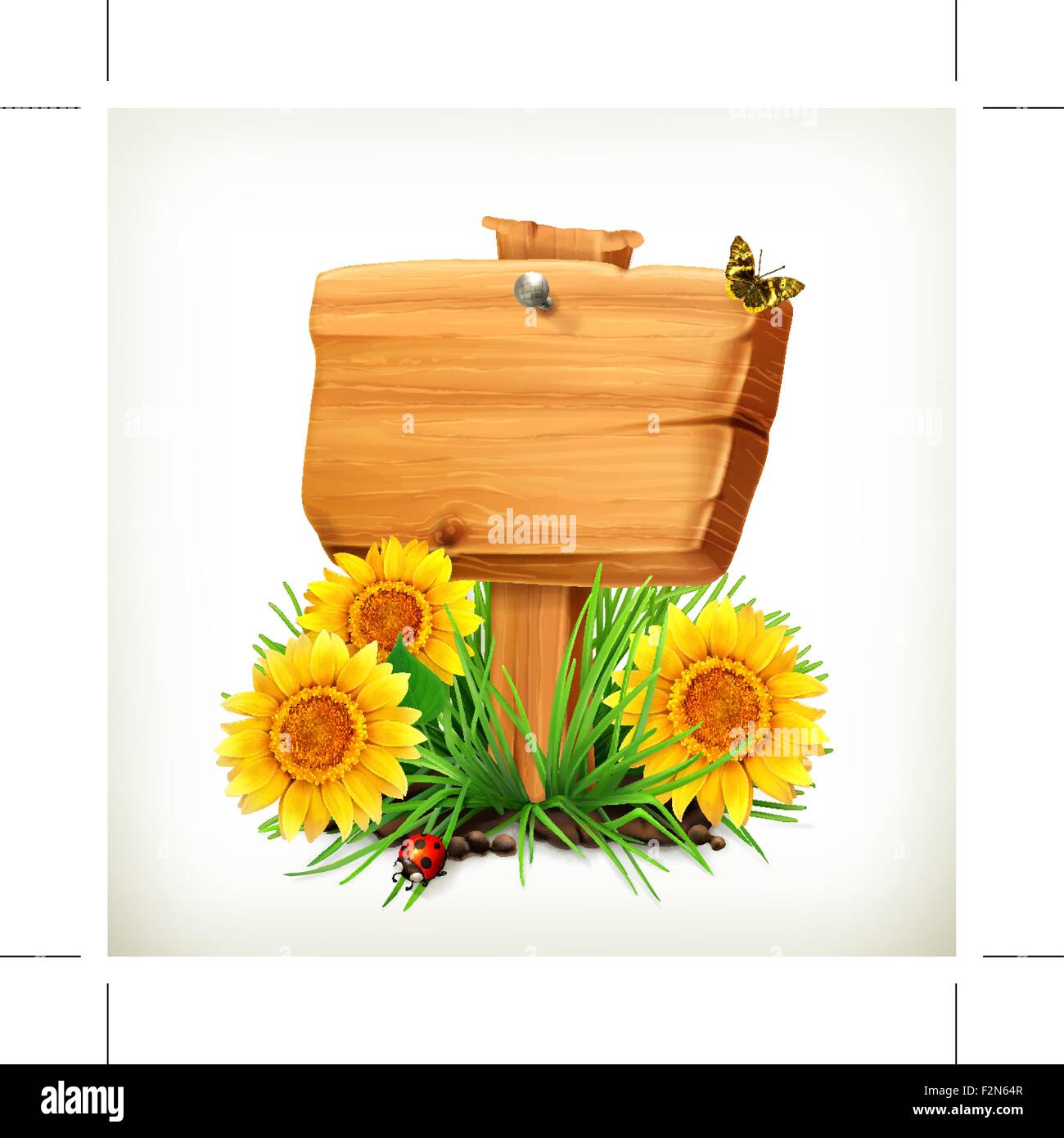 Schild mit Sonnenblumen, Marienkäfer und Schmetterling auf einem weißen Hintergrund, Vektor Icon, einen universellen Rahmen für Werbung in der s Stock Vektor