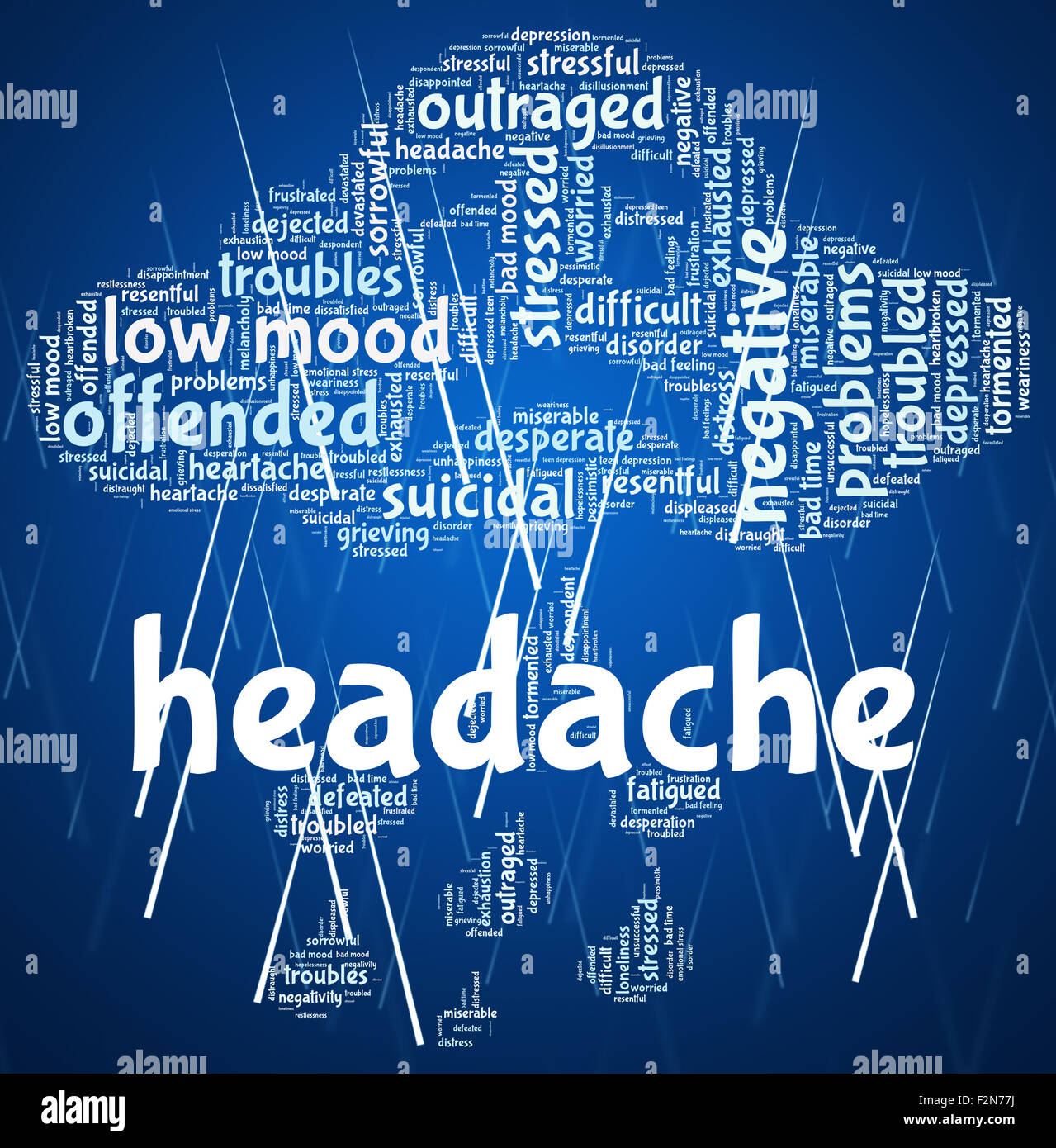 Kopfschmerzen-Word zeigt Cephalalgia Migräne und Worte Stockfoto