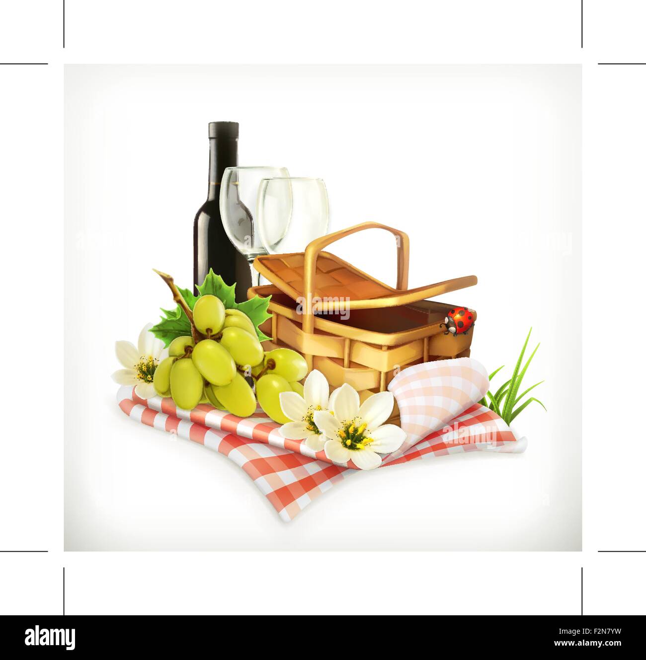 Zeit für ein Picknick, Natur, Outdoor-Erholung, eine Tischdecke und Picknick-Korb, Weingläser und Trauben, Vektor Abbildung zeigen Stock Vektor