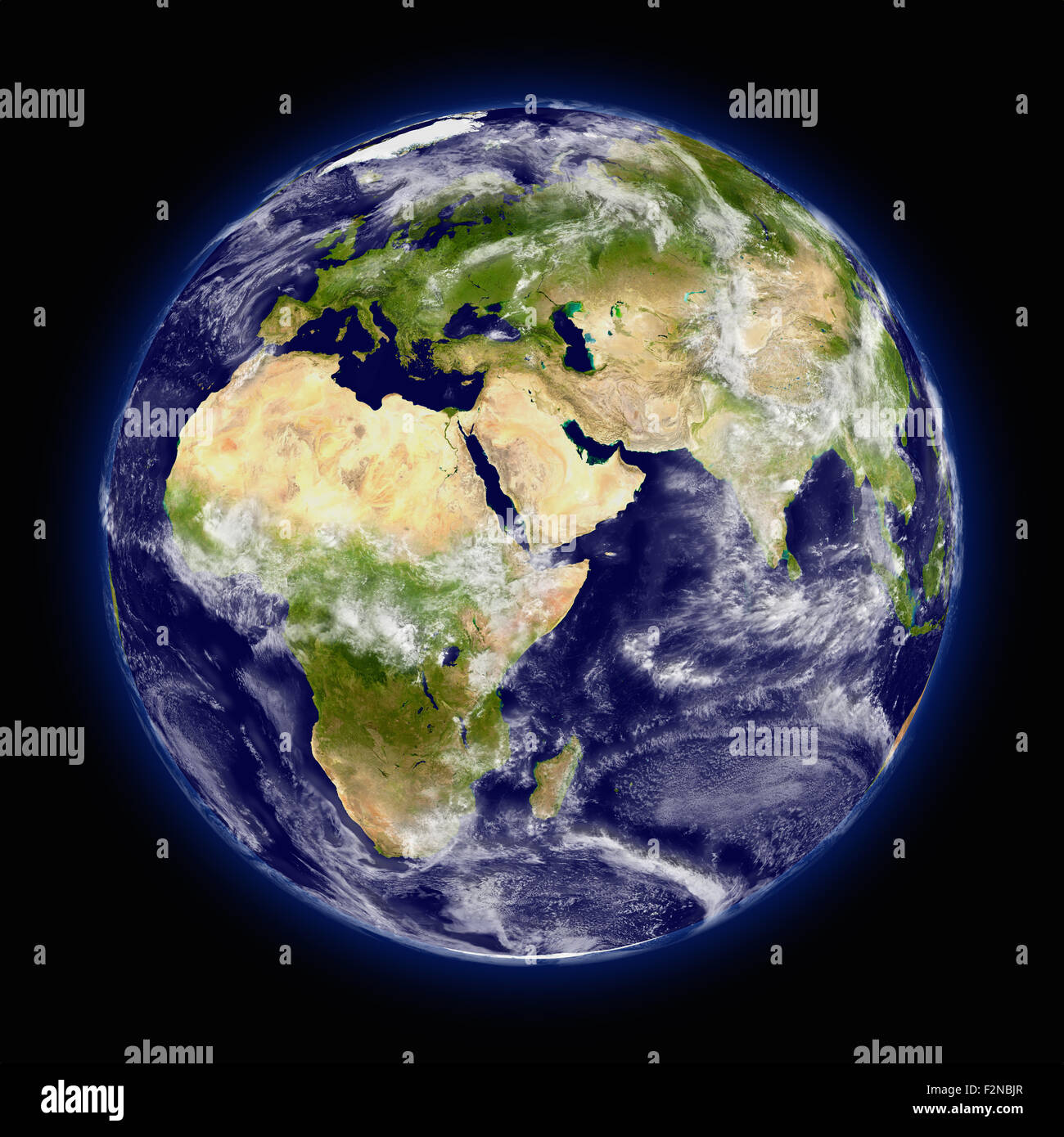 Realistische Darstellung des Planeten Erde aus dem Weltraum mit Blick auf Afrika, Europa und den Nahen Osten gesehen Stockfoto
