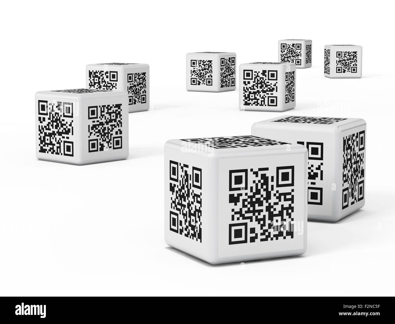 QR Code Würfel isoliert auf weißem Hintergrund Stockfoto