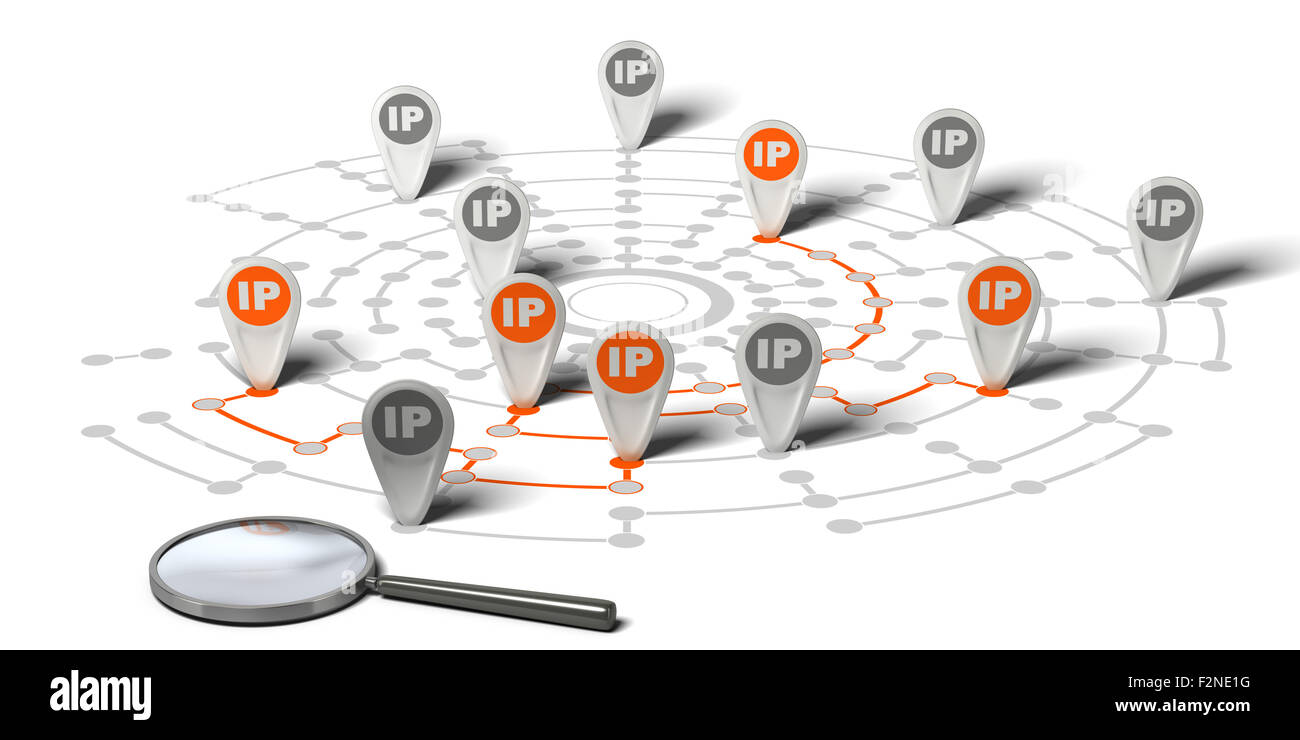 Viele Fahnen mit dem Wort IP-Netzwerk über pined auf weißen Hintergrund und eine Lupe. Konzept Bild für Abbildung von IP-tracki Stockfoto
