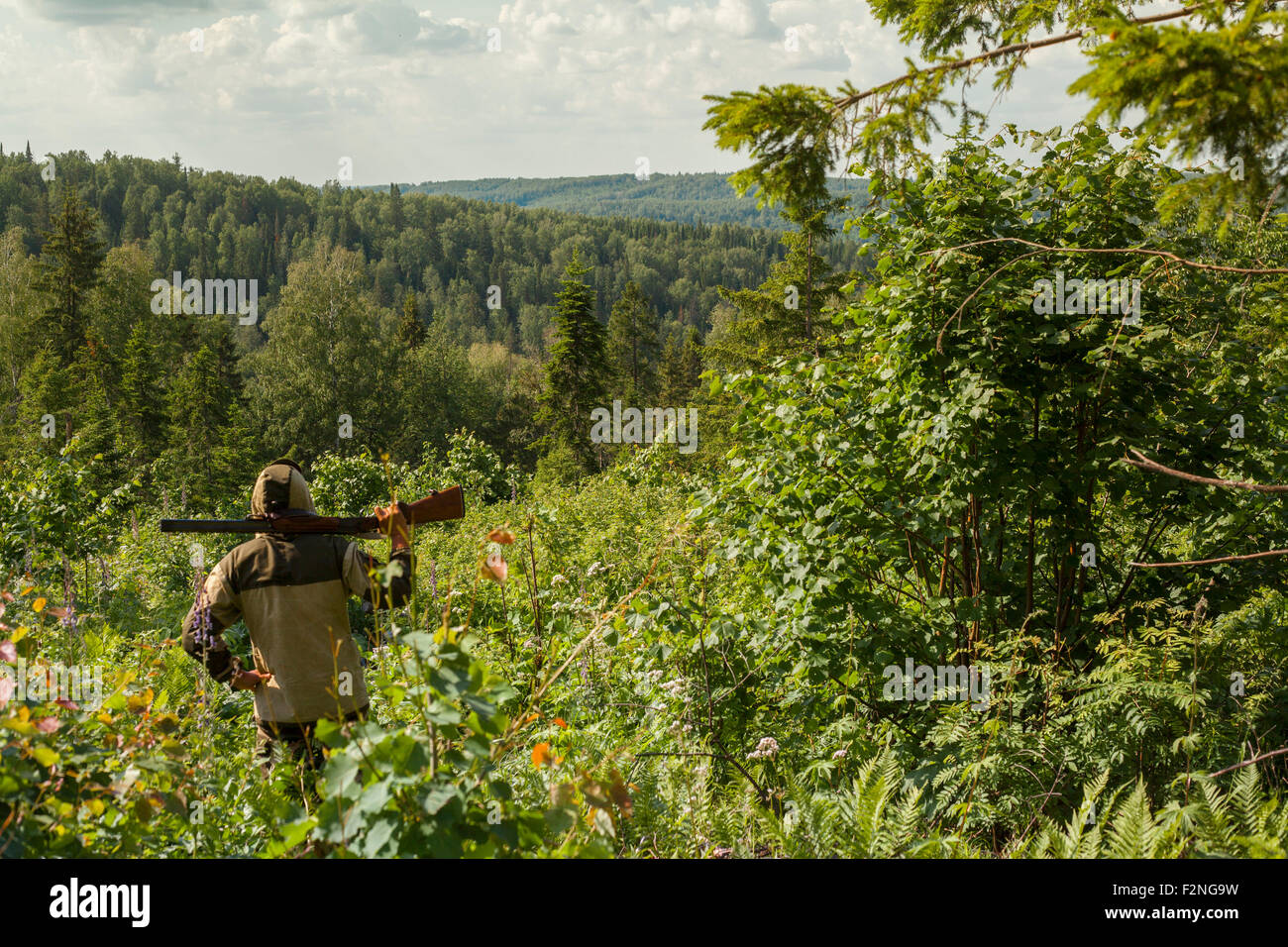 Mari Mann mit Gewehr mit Blick auf die Landschaft im ländlichen Raum Stockfoto